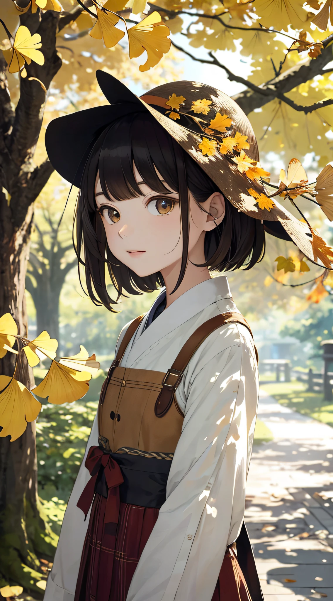 autumnal,beautiful Girl(1girll:1.3),A high resolution,ultra - detailed,ginko,Ginkgo tree,komono,Noon time,And focus on the subtle details and atmosphere of the scene。