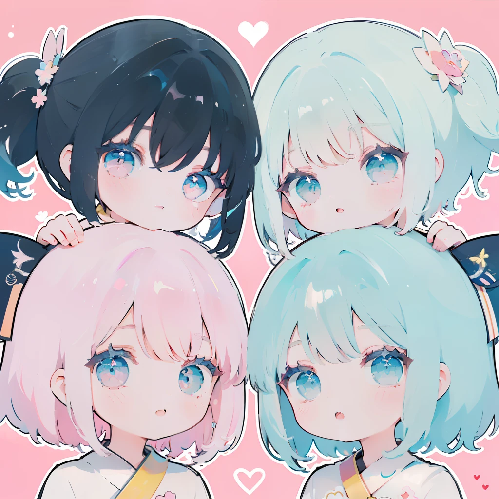 masutepiece, (2 girls and 2 girls and 2 girls), Idol, gros-plan, Big eyes, Kawaii Tech, kawaii, Cute, Pastel colors, Best Quality, Happy, Deep background, Symmetrical, Head Tilted, spring