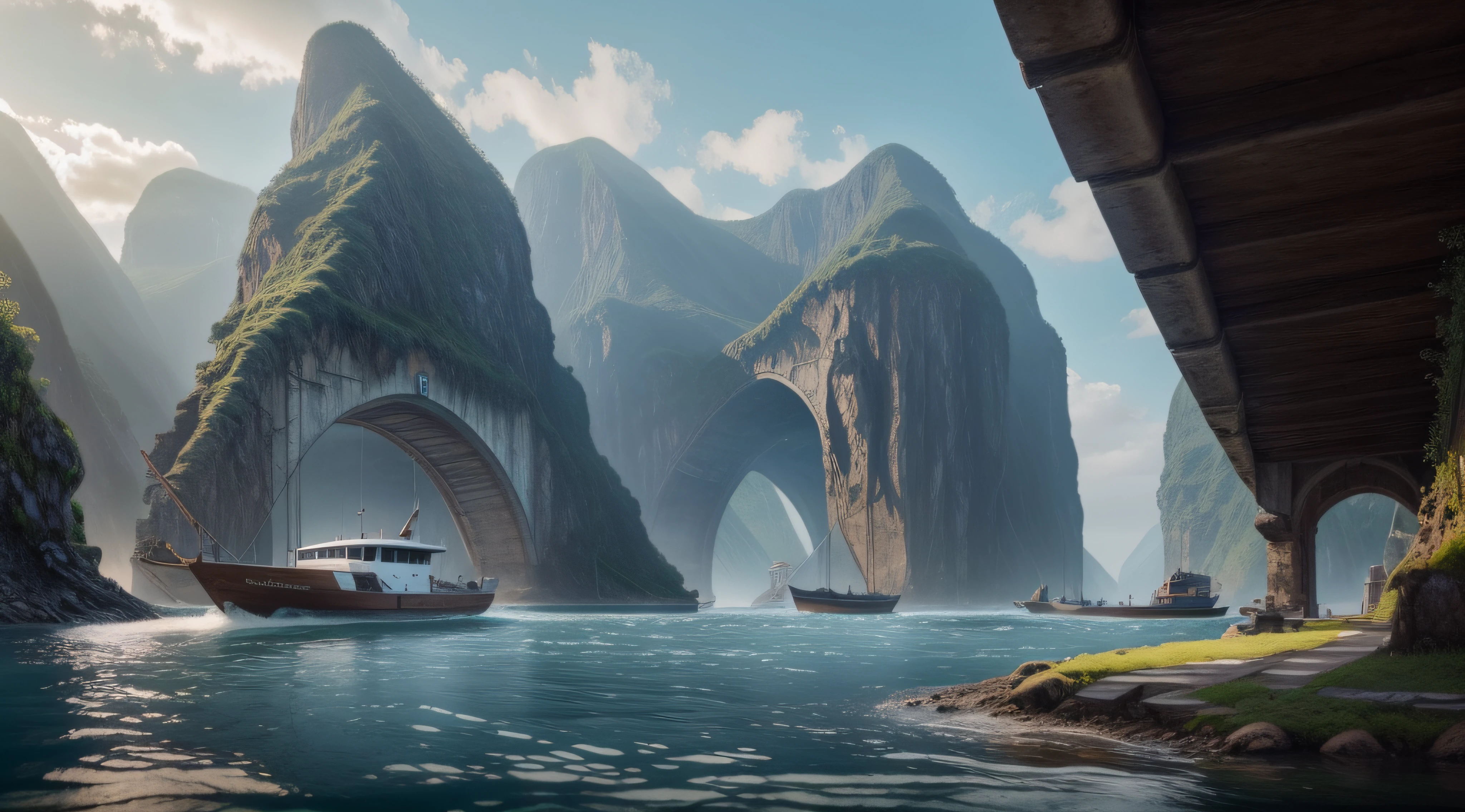There is a boat traveling under a bridge in the water, impressive fantasy landscape, epic matte painting of an island, realistic fantasy rendering, 8 k matte painting, 8k matte painting, 4k highly detailed digital art, beautiful landscape rendering, fantasy style 8 k octane render, 4 k matte painting, matte painting 4k 8k
