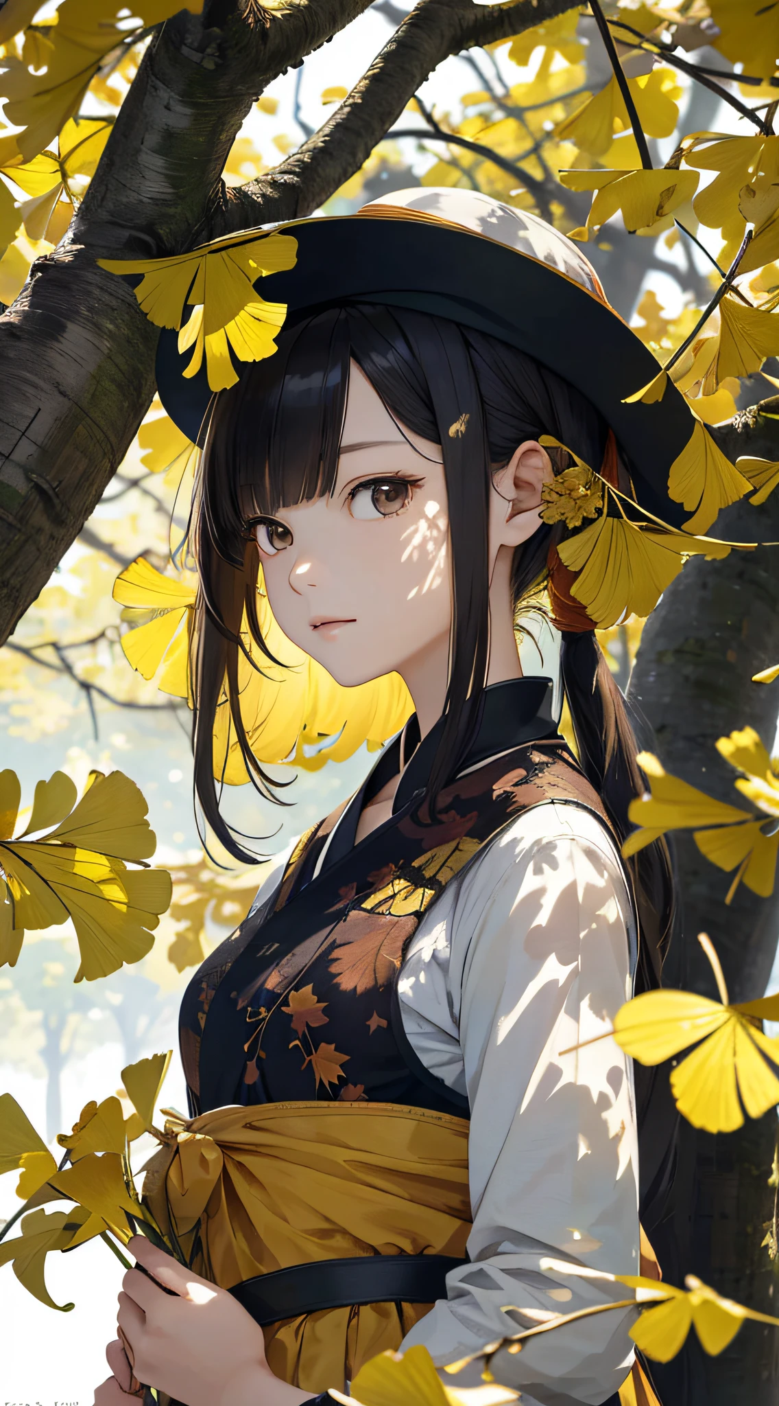 autumnal，beautiful  Girl（1girll：1.3），A high resolution，ultra - detailed，ginko，Ginkgo tree，komono，Noon time，And focus on the subtle details and atmosphere of the scene。