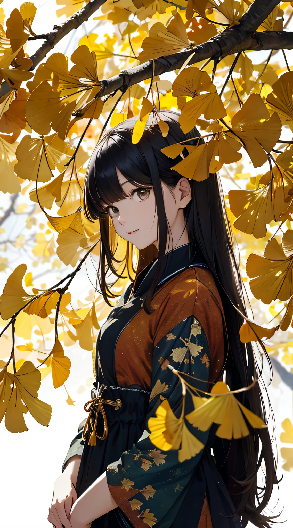 autumnal，beautiful  Girl（1girll：1.3），A high resolution，ultra - detailed，ginko，Ginkgo tree，komono，Noon time，And focus on the subtle details and atmosphere of the scene。