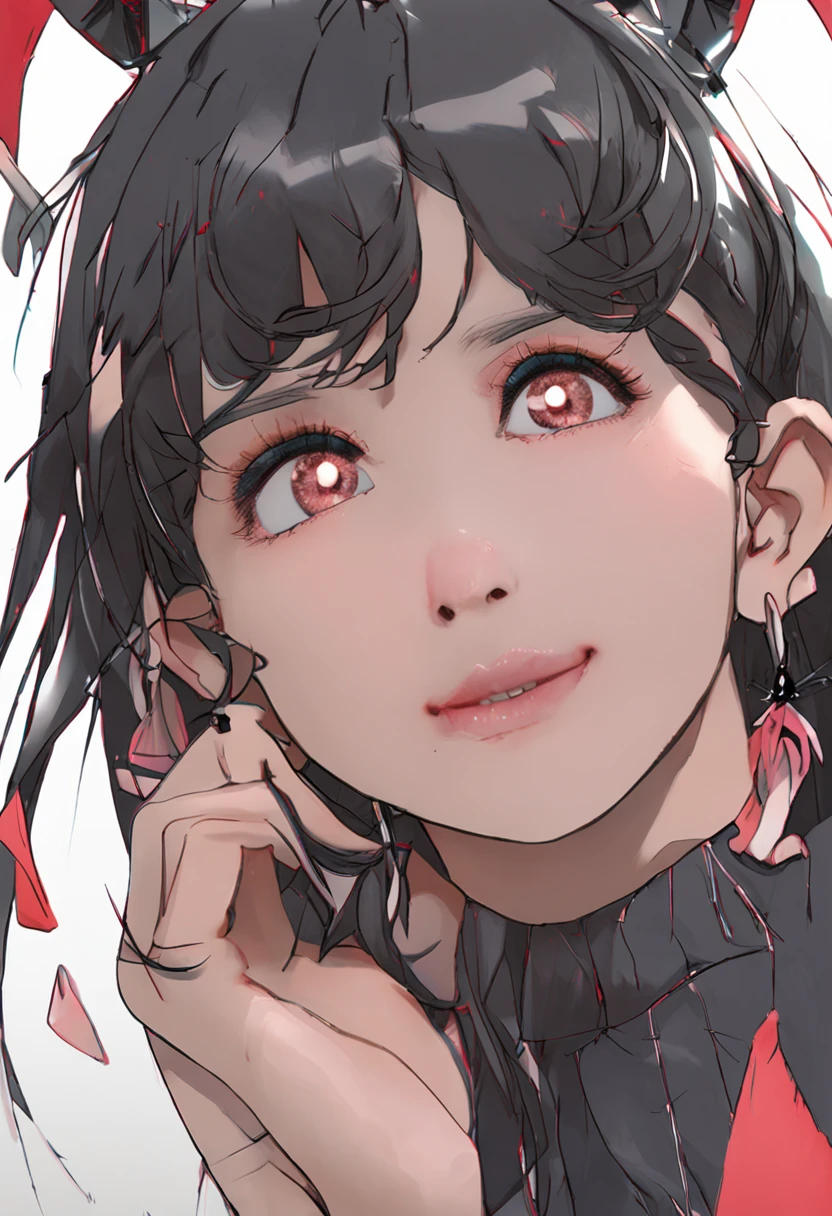 black hair, hair bobbles, wince, longeyelashes, solid circle eyes, fake animal ears, light smile, ear blush, fang, Surrealism, drop shadow, anaglyph, stereogram, tachi-e, pov, atmospheric perspective, 8k, super detail, ccurate, best quality