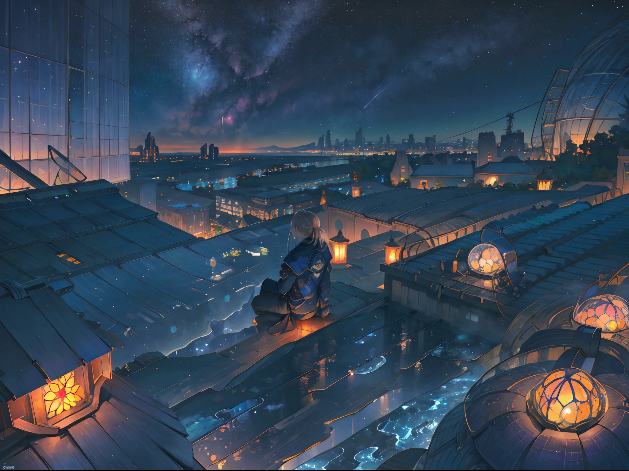 best quality, masterpiece, extremely detailed, detailed background, anime, 1girl, young girl, sci-fi, science fiction, outdoors, night, starry sky, greenhouse, megastructure, bio-dome, landscape, scenery, horizon, rooftop, sitting on rooftop, wind, looking away, atmospheric lighting, solo focus, close up, from side, depth of field, bokeh