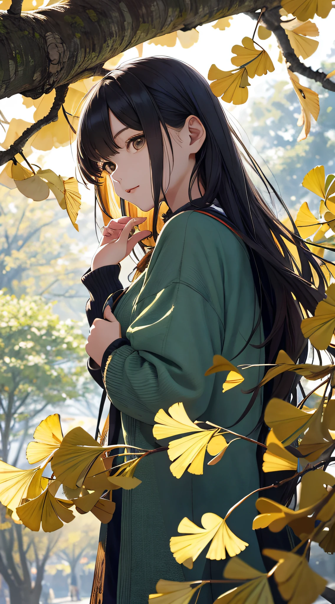 autumnal，beautiful  Girl（1girll：1.3），A high resolution，ultra - detailed，ginko，Ginkgo tree，komono，Noon time，And focus on the subtle details and atmosphere of the scene。