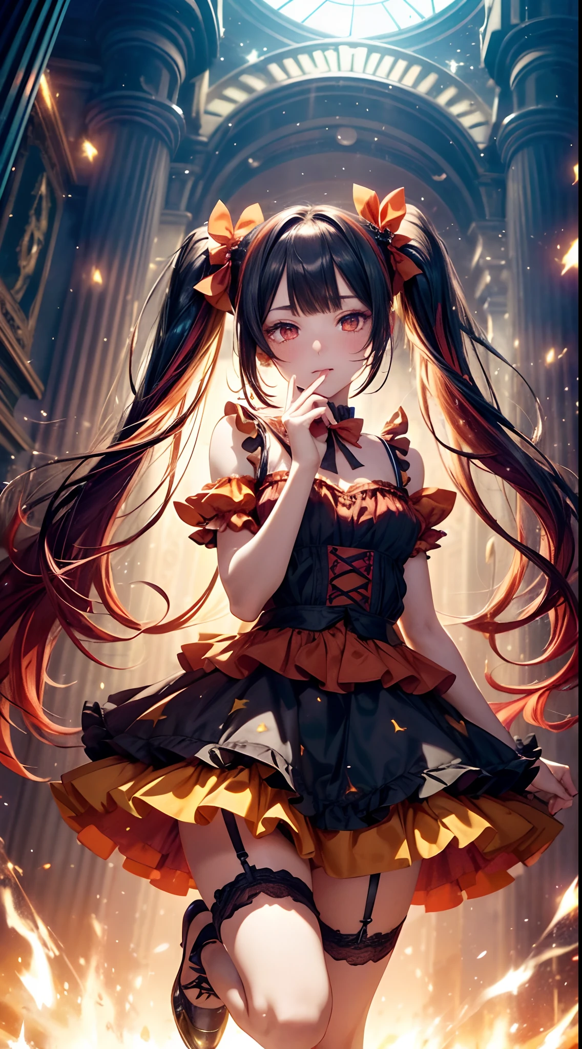 (fullbody, legs and shoes visible: 1.2)) expressive eyes, woman, pale skin, long hair, windblown hair, ((long hair)), long sidelocks, hime bangs, hair fringe, hair bun, ((long twintails)), flaming hair, red hair, blushing, full face blushing, big sparkling glowing red eyes, (gradient eyes), open mouth smile, cute pose,
flowy flaming dress, ((dark multicolored open dress)), (floating fire), orange ruffles, yellow frills, (light red lace), detached short sleeves, puffy skirt, ((fire and stars print skirt : 1.3)), ta skirt, dark red bows, ((pompon ribbons hair ornament : 1.4)), multiple bows, striped lace stockings, (heart shaped leg garter), cute (dark orange) shoes ((hyperdetailed clothing and fashion)) looking at you, vintage girl, blushing, (beautiful detailed eyes), (extremely detailed CG unity 8k wallpaper) (best shadow), ((an extremely delicate and beautiful)), (detailed light), ((depth of field)) big head, big sparkling eyes, moe, splash art, cinematic lighting, frontal view, volumetric lighting maximalist photo illustration 64k resolution high res intricately detailed complex key visual precise linear
((in the dark palace background, surrounded by smoking hot sparks, shooting stars)) ((hyperdetailed scenery, foggy, darkness : 1.3))