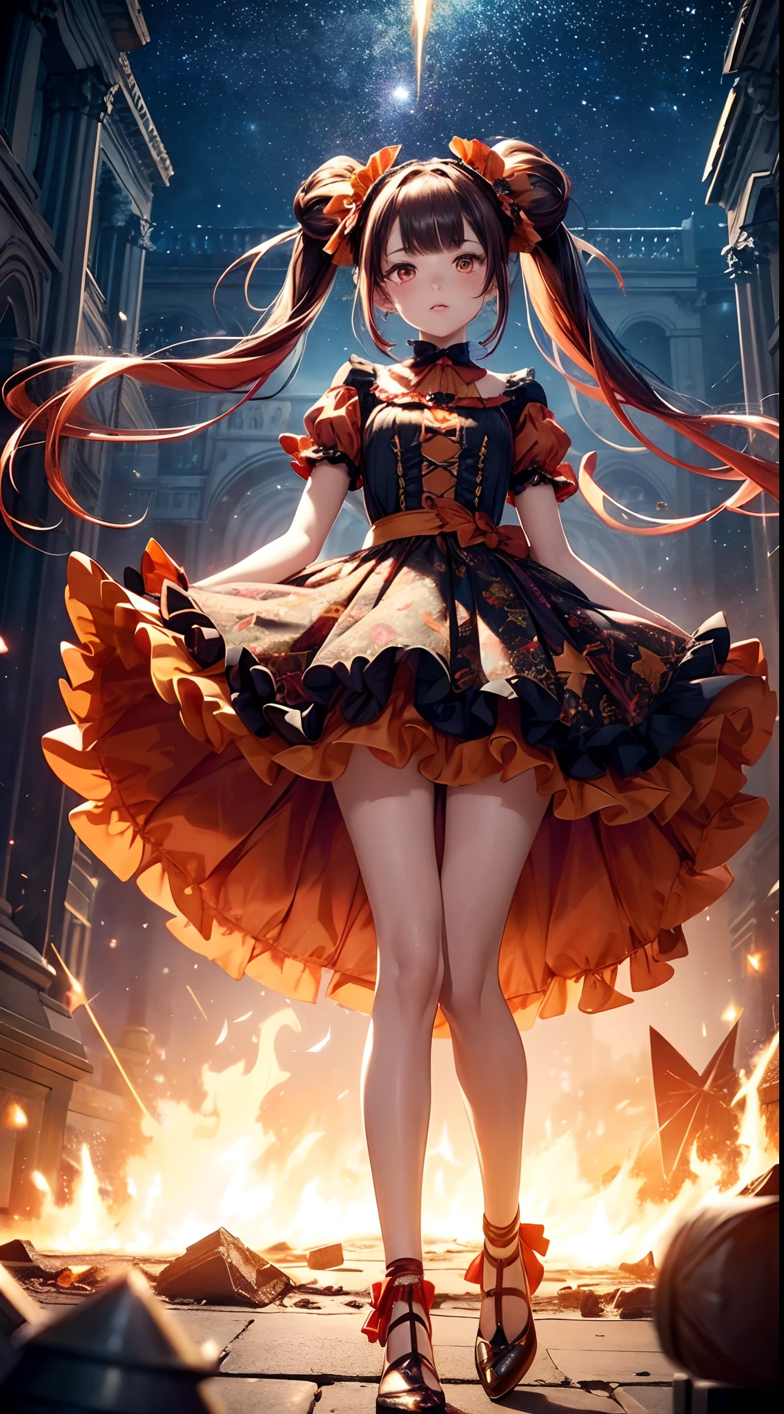 (fullbody, legs and shoes visible: 1.2)) expressive eyes, woman, pale skin, long hair, windblown hair, ((long hair)), long sidelocks, hime bangs, hair fringe, hair bun, ((long twintails)), flaming hair, red hair, blushing, full face blushing, big sparkling glowing red eyes, (gradient eyes), open mouth smile, cute pose,
flowy flaming dress, ((dark multicolored open dress)), (floating fire), orange ruffles, yellow frills, (light red lace), detached short sleeves, puffy skirt, ((fire and stars print skirt : 1.3)), lolita skirt, dark red bows, ((pompon ribbons hair ornament : 1.4)), multiple bows, striped lace stockings, (heart shaped leg garter), cute (dark orange) shoes ((hyperdetailed clothing and fashion)) looking at you, vintage girl, blushing, (beautiful detailed eyes), (extremely detailed CG unity 8k wallpaper) (best shadow), ((an extremely delicate and beautiful)), (detailed light), ((depth of field)) big head, big sparkling eyes, moe, splash art, cinematic lighting, frontal view, volumetric lighting maximalist photo illustration 64k resolution high res intricately detailed complex key visual precise linear 
((in the dark palace background, surrounded by smoking hot sparks, shooting stars)) ((hyperdetailed scenery, foggy, darkness : 1.3))