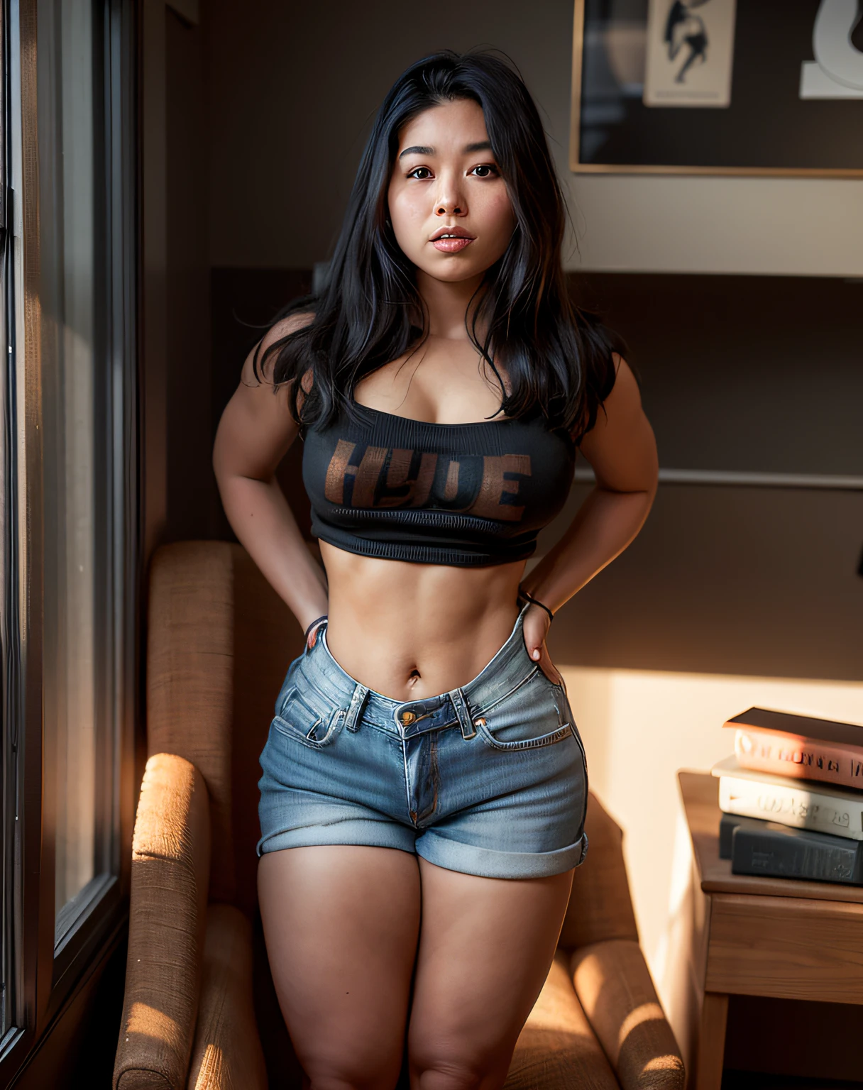 arafed woman in a blue shirt and denim shorts posing for a picture, thick body, thicc, 18 years old, 21 years old, middle body shot, 2 , pretty face with arms and legs, 2 3 years oldust woman, style of beautiful body, sexy look, skinny waist and thick hips, strong pose