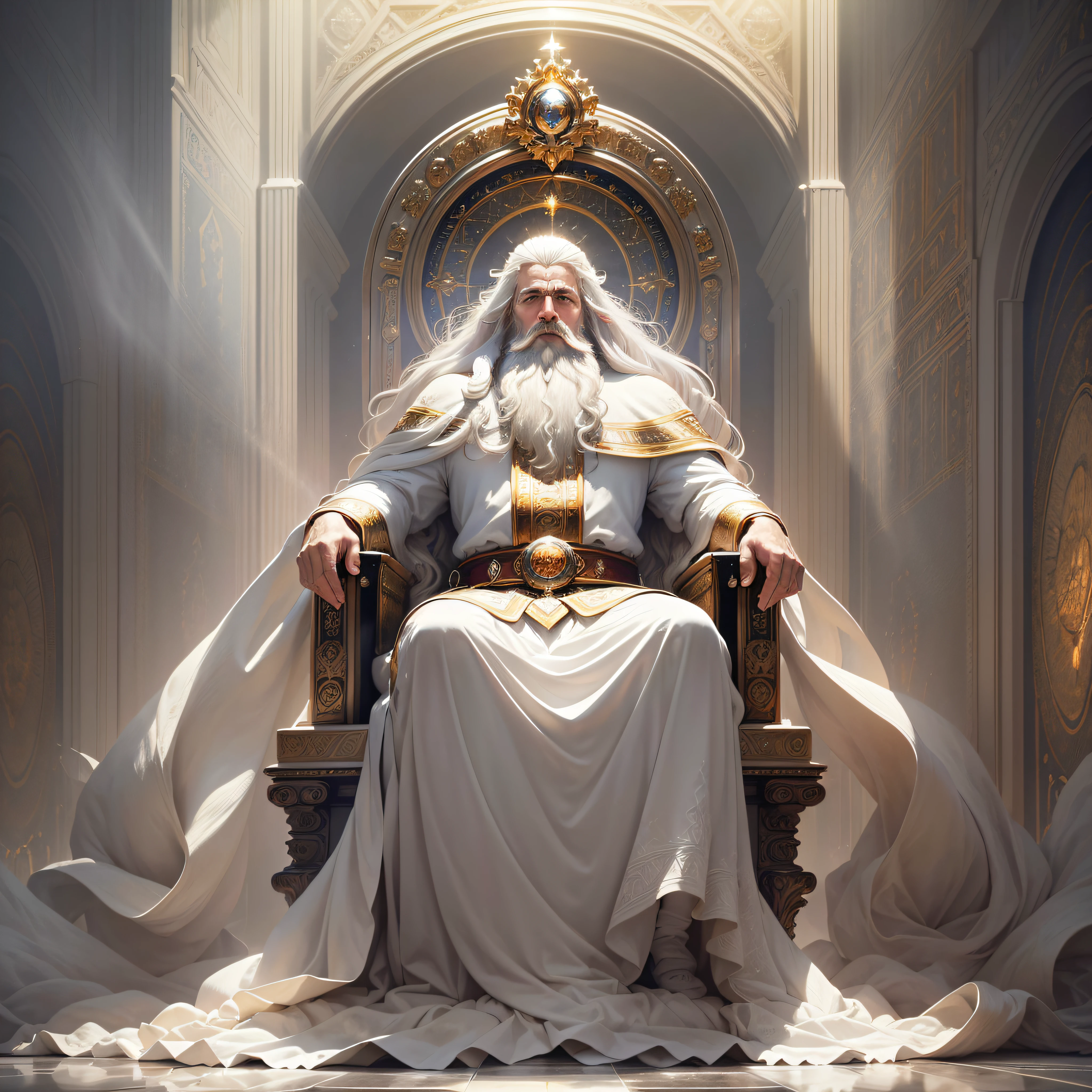 (masterpiece, best quality, ultra-realistic), God's throne room, high resolution, divine man, majestic, strong, imposing, white hair and beard, white clothes warmth, dazzling light, serene aura, magnificent aura, god (embodiment of power:1.2), glorious, surreal, powerful, (emitting light:1.3), (gleaming:1.2)