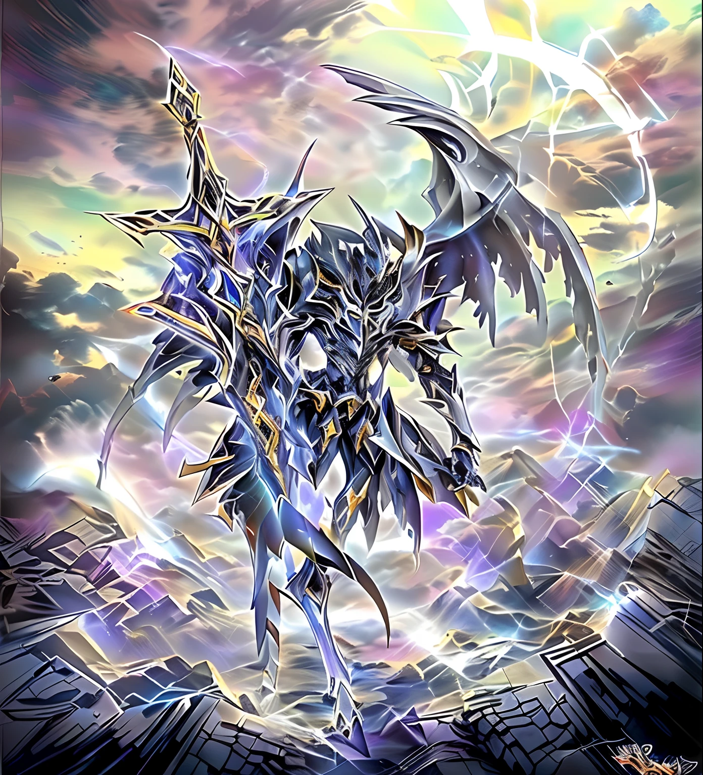 Un primer plano de una persona sosteniendo una espada en un cielo nublado, Drakengard, battle between angels and demons, Epic Anime Fantasy, Hermoso dios masculino de la muerte, Eros and Thanatos, Ilustraciones de Yugioh, Claymore, anime epic artwork, nge dark fantasy, Caballero Demonio de la Muerte, Dios de la muerte, Segador de Noche!!!!, Epic anime