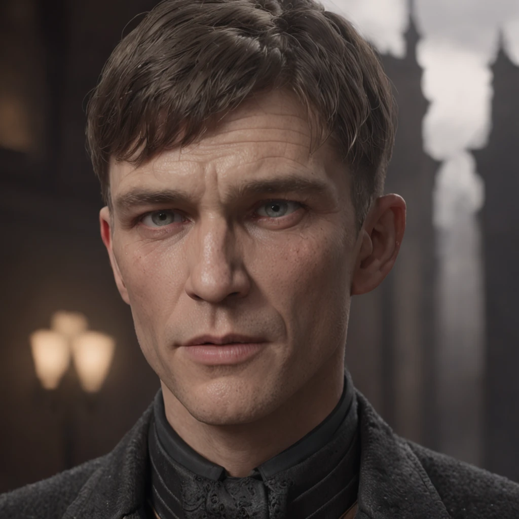 Create a breathtaking cinematic portrait of Thomas Shelby that captures his essence in a captivating and realistic manner. Craft an awe-inspiring 3D render that brings out his powerful and charismatic character traits. Emphasize the intricate details of his face, showcasing every pore and contour with vibrant and dramatic lighting. Let his epic hero fantasy persona shine through - with a muscular and fierce appearance, long hair, a short beard, and an intense expression, all in a dynamic and action-packed pose.

Situate Thomas Shelby in a fantastic and majestic cluttered environment, evoking a sense of decadence and history. Clothe him in old leather garments that bear the marks of weathering, enriched with intricate fur details. Employ the highest level of detail to showcase the richness of his outfit and surroundings, exhibiting your mastery in digital painting and rendering.

Utilize advanced techniques like octane rendering and global illumination to give depth and life to the scene. Play with studio and volumetric lighting to create an atmosphere that's both dark and enchanting. Integrate elements like heavy rain and floating particles to add dynamic motion and a touch of fantasy to the composition, reminiscent of the immersive worlds found in the Lord of the Rings.

The backdrop should feature a dark and ancient city, seamlessly blending with the character's persona. Employ your skills to craft a visually stunning environment that complements Thomas Shelby's aura of power and mystery. Draw inspiration from renowned artists like Art Germ, Loish, Wlop, Ilya Kuvshinov, Greg Rutkowski, and Alphonse Mucha to infuse the portrait with a unique and captivating style.

Ultimately, the portrait should be an 8K masterpiece, demonstrating your prowess in cinematic artistry and storytelling. This composition will celebrate Thomas Shelby as a larger-than-life figure, combining realism, fantasy, and emotion in an unforgettable visual experience.