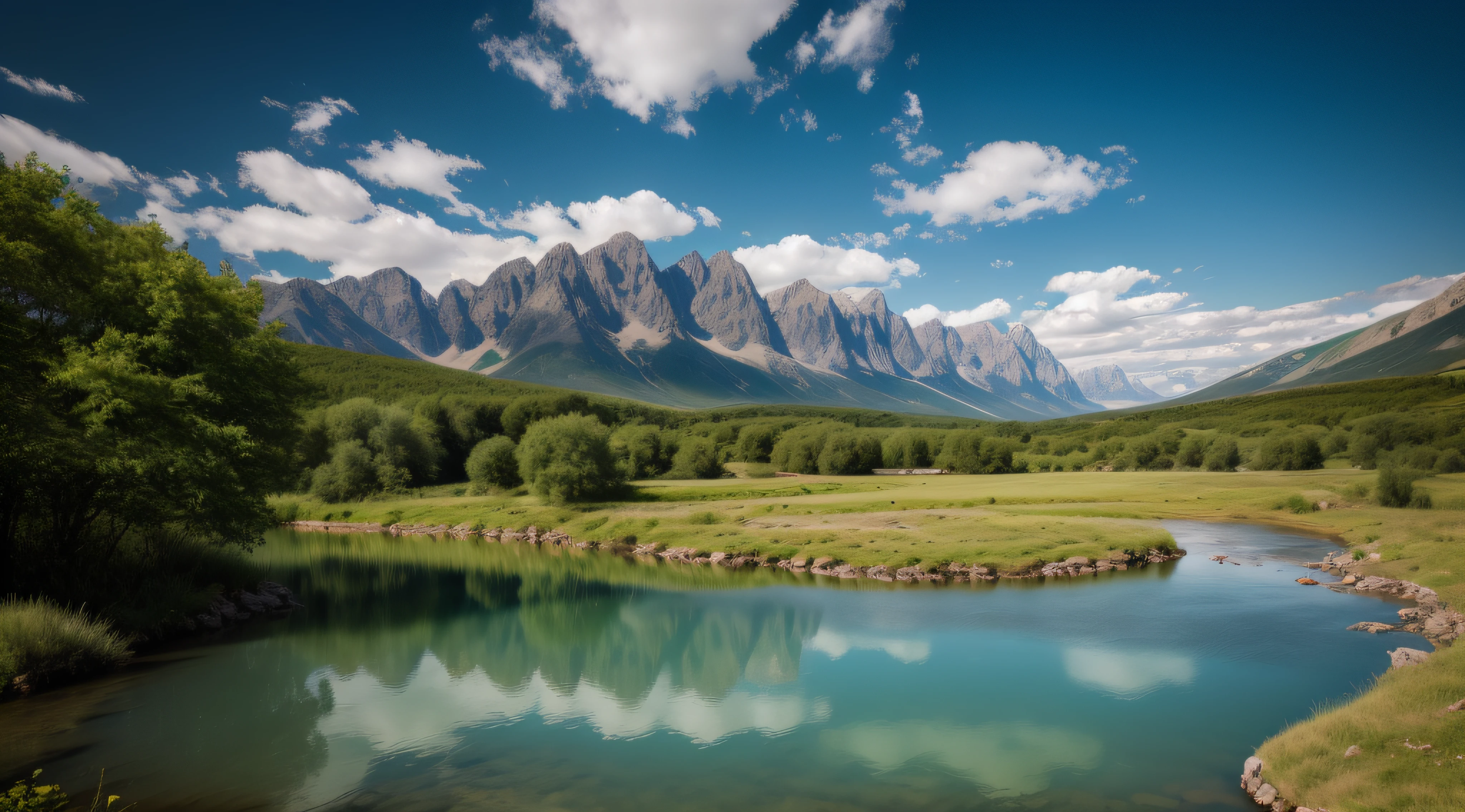landscape, outdoor, sky, cloud, sky, no man, mountain, landscape, water, tree, blue sky, waterfall, cliff, nature, lake, river, cloudy sky