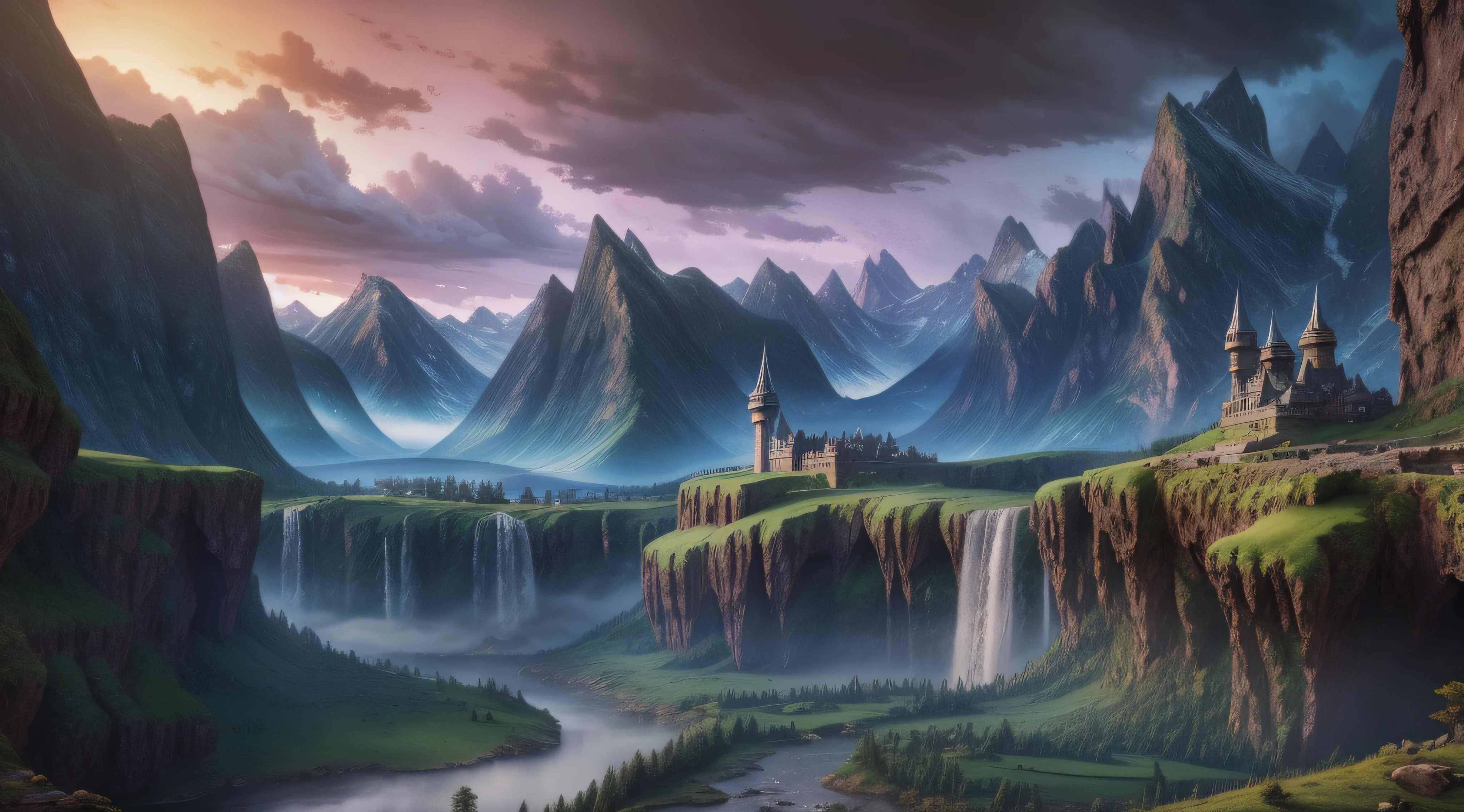 Mountains and waterfalls in cloudy valley, impressive fantasy landscape, Epic fantasy landscape, fantasy scenery, epic dreamlike fantasy landscape, 3d rendered matte painting, Fantasy landscape, matte painting in fantasy style, High fantasy landscape, beautiful landscape rendering, Fantasy art landscape, realistic fantasy rendering, high fantasy matte painting, fantastical scenes