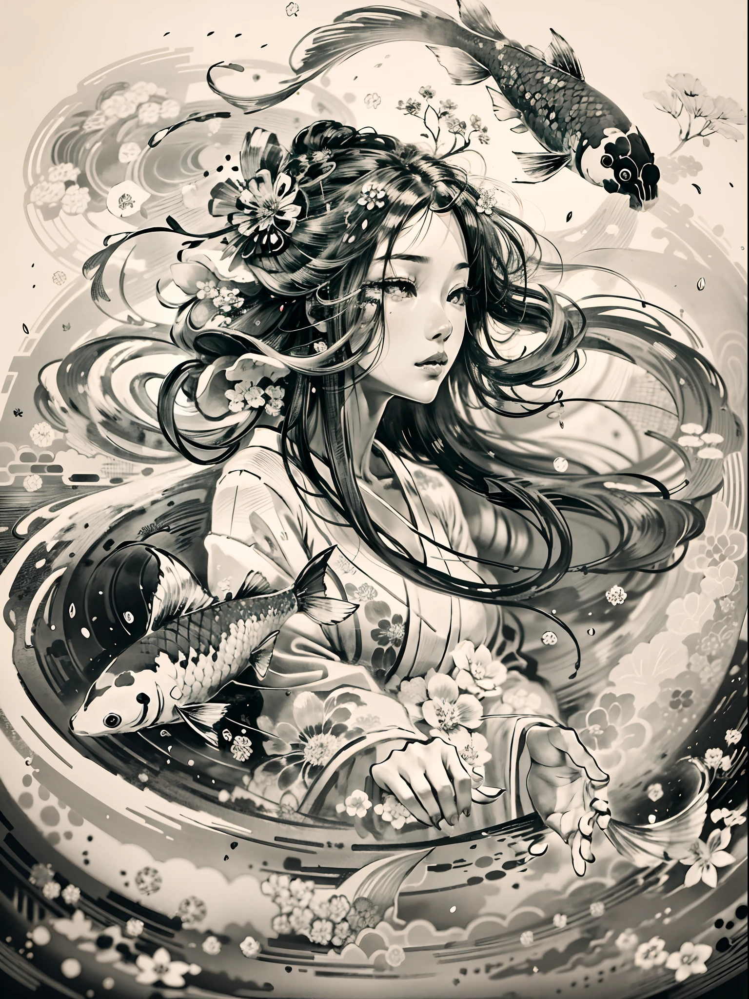 "A captivating scene of graceful koi fishes elegantly swirling around a young girl, resembling an exquisite Japanese black and white ink painting."