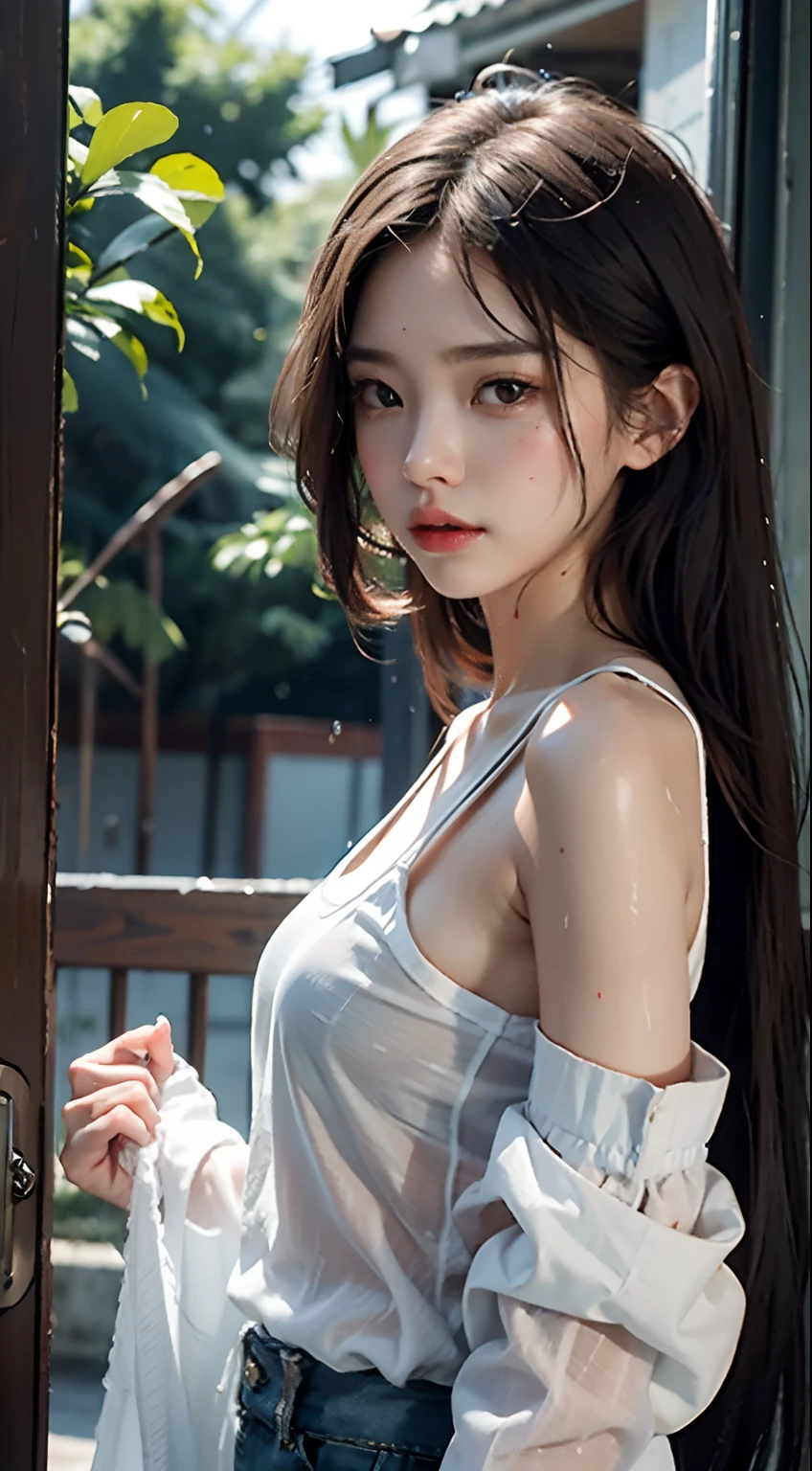 (Ultra Realistic), (Illustration), (High Resolution), (8K), Chinese Beauty, (Very Detailed), (Best Illustration), (Beautiful and Detailed Eyes), (Best Quality), (Ultra Detailed), (Masterpiece), (Wallpaper), (Detailed Face), Solo, Girl, Look, Detailed, Detailed, Face, Dark, Deep Shadow, Low Key, pureerosfaceace_v1, Smile, Bust, Bathrobe, Bath, Traces of water, soaking wet, see-through, ((camel toe)), (((nipple)), long legs, thin waist, buttocks, ultra-fine makeup, ultra-fine clothing, (((pure white T-shirt))), ((no bra), ((no panty)), swimsuit --auto --s2