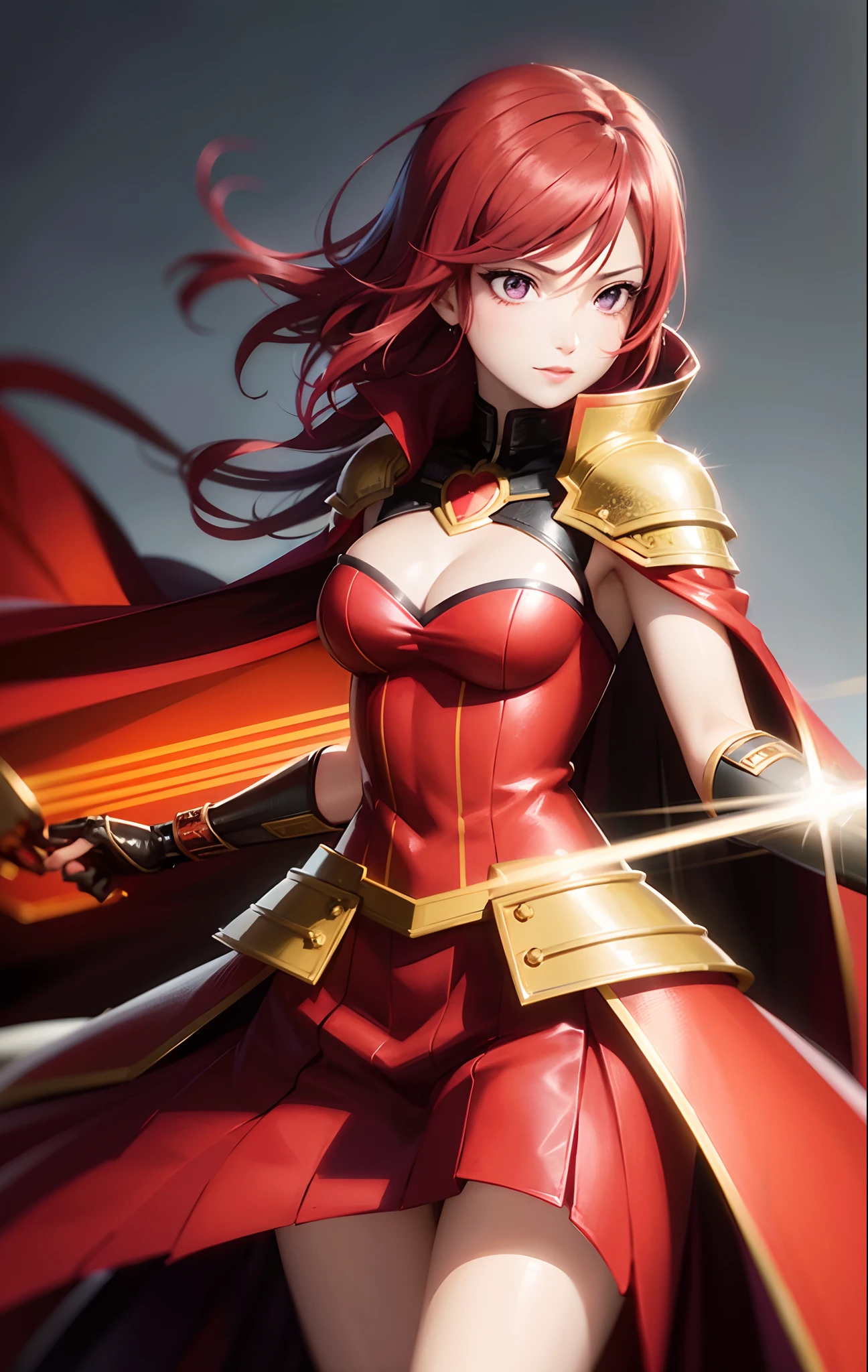 Nishikino maki, Purple eyes, red hair, armor,red skirt, holding shield,cape, cleavage, standing, realistic art, cowboy shot,dark magic