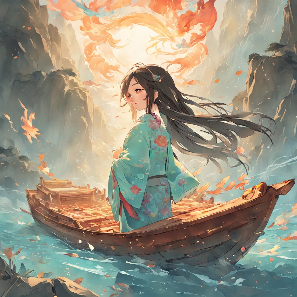 (White background:1.4),(Silhouette of a girl's head, Eyes closed, colorfull long hair, Oriental elements),(Chinese illustration:1.3,paper art:1.3, Quilted paper art:1.2),( reasonable design, Clear lines, High sharpness,Best quality, Very detailed, Masterpiece, movie light effect, 4K )Draw a boat in a lake with mountains and sunshine, dreamlike digital painting, fantasy digital painting, fantasy. gondola boat, Chinese style painting, digital cartoon painting art, glossy digital painting, Chinese painting style, Digital fantasy painting, 8k resolution digital painting, 8 k resolution digital painting, Fantasy landscape painting, A beautiful artwork illustration, 4 k digital painting