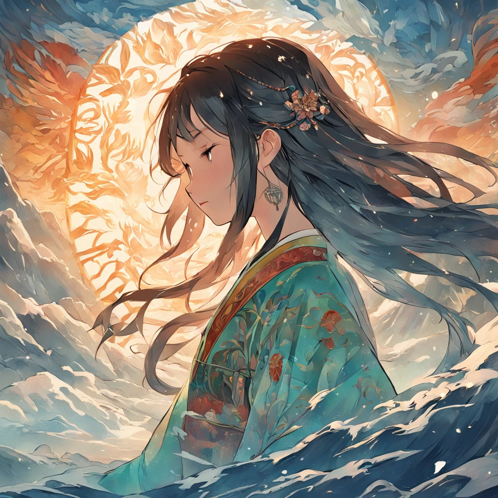 (White background:1.4),(Silhouette of a girl's head, Eyes closed, colorfull long hair, Oriental elements),(Chinese illustration:1.3,paper art:1.3, Quilted paper art:1.2),( reasonable design, Clear lines, High sharpness,Best quality, Very detailed, Masterpiece, movie light effect, 4K )Draw a boat in a lake with mountains and sunshine, dreamlike digital painting, fantasy digital painting, fantasy. gondola boat, Chinese style painting, digital cartoon painting art, glossy digital painting, Chinese painting style, Digital fantasy painting, 8k resolution digital painting, 8 k resolution digital painting, Fantasy landscape painting, A beautiful artwork illustration, 4 k digital painting