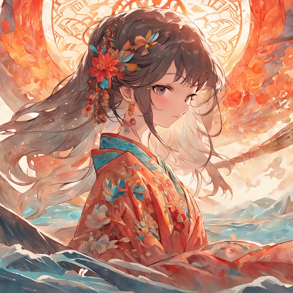 (White background:1.4),(Silhouette of a girl's head, Eyes closed, colorfull long hair, Oriental elements),(Chinese illustration:1.3,paper art:1.3, Quilted paper art:1.2),( reasonable design, Clear lines, High sharpness,Best quality, Very detailed, Masterpiece, movie light effect, 4K )Draw a boat in a lake with mountains and sunshine, dreamlike digital painting, fantasy digital painting, fantasy. gondola boat, Chinese style painting, digital cartoon painting art, glossy digital painting, Chinese painting style, Digital fantasy painting, 8k resolution digital painting, 8 k resolution digital painting, Fantasy landscape painting, A beautiful artwork illustration, 4 k digital painting