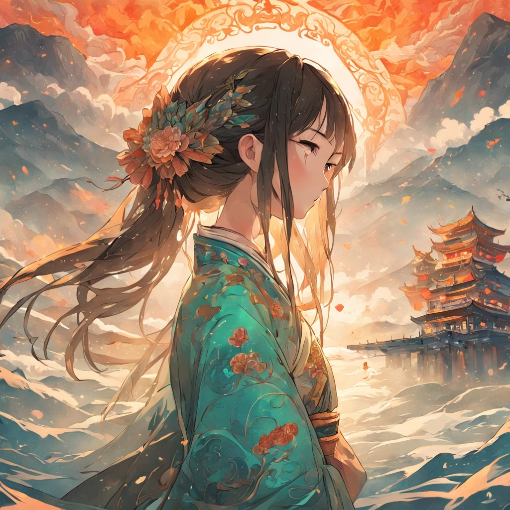 (White background:1.4),(Silhouette of a girl's head, Eyes closed, colorfull long hair, Oriental elements),(Chinese illustration:1.3,paper art:1.3, Quilted paper art:1.2),( reasonable design, Clear lines, High sharpness,Best quality, Very detailed, Masterpiece, movie light effect, 4K )Draw a boat in a lake with mountains and sunshine, dreamlike digital painting, fantasy digital painting, fantasy. gondola boat, Chinese style painting, digital cartoon painting art, glossy digital painting, Chinese painting style, Digital fantasy painting, 8k resolution digital painting, 8 k resolution digital painting, Fantasy landscape painting, A beautiful artwork illustration, 4 k digital painting