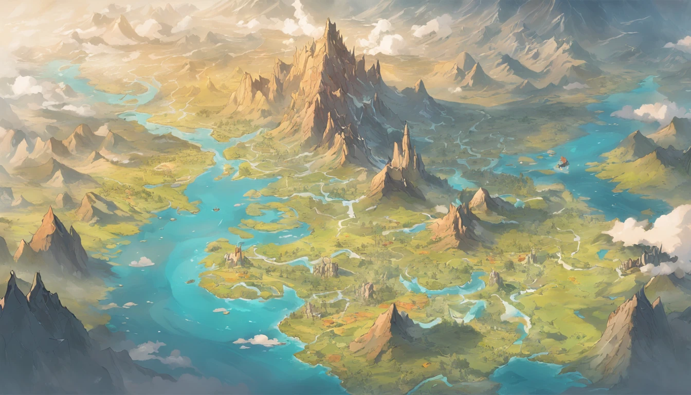 Map of the continent of Varant,In the middle of the map are hills,To the north of the map is the highlands,To the south is a basin with many lakes,To the west is the desert,To the east is the plain,There are many rivers,Surrounded by the sea,Fantasy cartography,Game map,Detailed map,steam workshop maps,D&D style fantasy map design,Top-down view