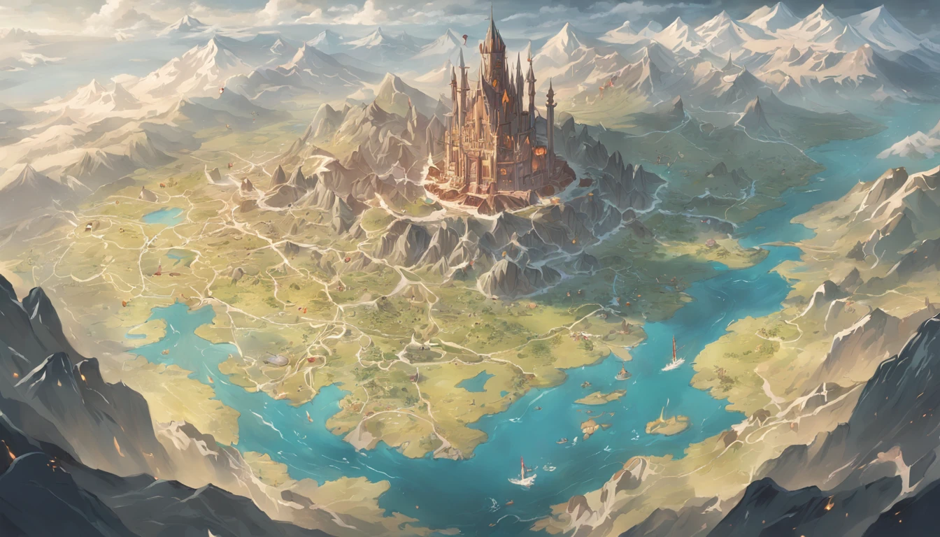 Map of the continent of Varant，In the middle of the map are hills，To the north of the map is the highlands，To the south is a basin with many lakes，To the west is the desert，To the east is the plain，There are many rivers，Surrounded by the sea，Fantasy cartography，Game map，Detailed map，steam workshop maps，D＆D style fantasy map design，Top-down view