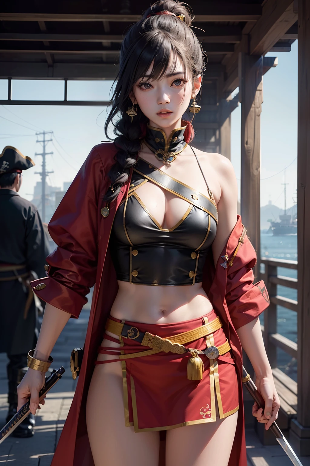 Design a brave and temperamental character named Hiroko. She is a young warrior who was raised by monastic warriors, the "Myobu no Senshi," and has perfected the art of combat with a spear. Create an appearance that reflects her fierce and determined personality, with a touch of vulnerability due to her past as a former criminal. Hiroko's outfit should ((blend traditional monk attire)) with ((modern tactical gear and modern city vibes)), symbolizing her unique background. Her hair and accessories should be practical for combat, allowing her to move freely. Showcase a range of expressions that capture Hiroko's emotional journey, from resolute determination to moments of introspection. The model sheet should include action poses that highlight her spear-fighting skills and combat prowess ((nsfw)) (((flat chest))) (((patch eye as pirate))) ((((slender))))