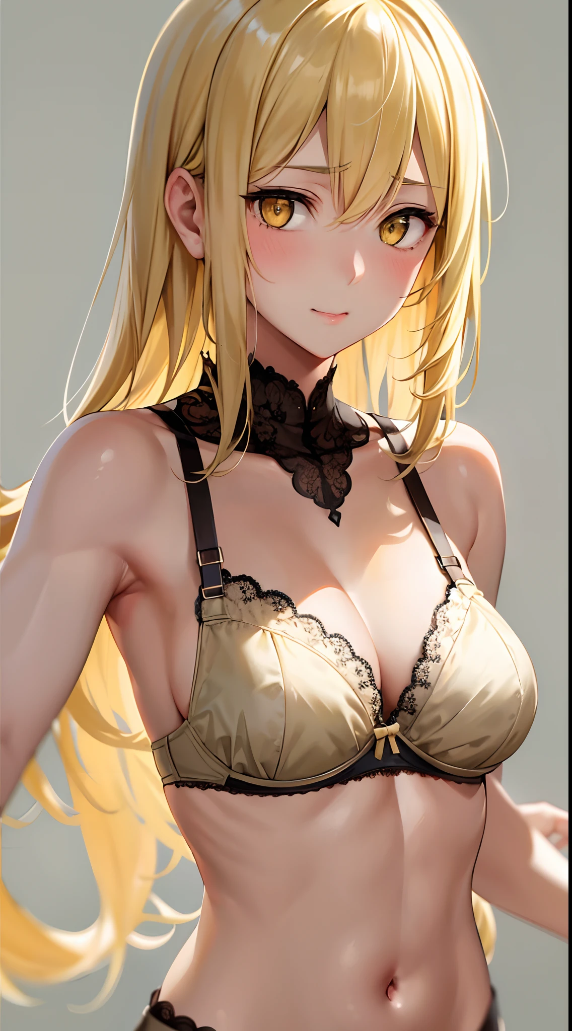 masterpiece, best quality, 1girl, looking at viewer, cute, ((bra)), medium breasts, yellow eyes,  aiz wallenstein,  yellow hair, long hair, beautiful detailed eyes, embarrassed, (upper body:1.4), simple background.