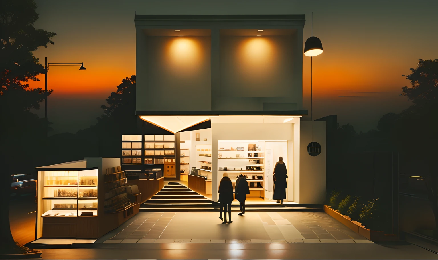 A modernist shop, coffee shop, daylight, twilight, people