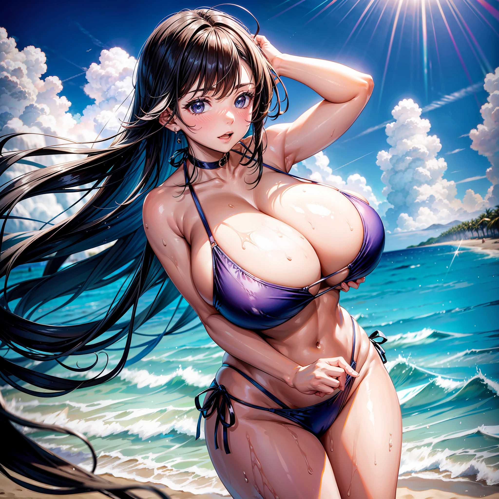 1girll,Bikini swimsuit,Expose your back,facing away from the audience,looking behind,beachside,cabelos preto e longos,Fair skin,gigantic cleavage breasts
