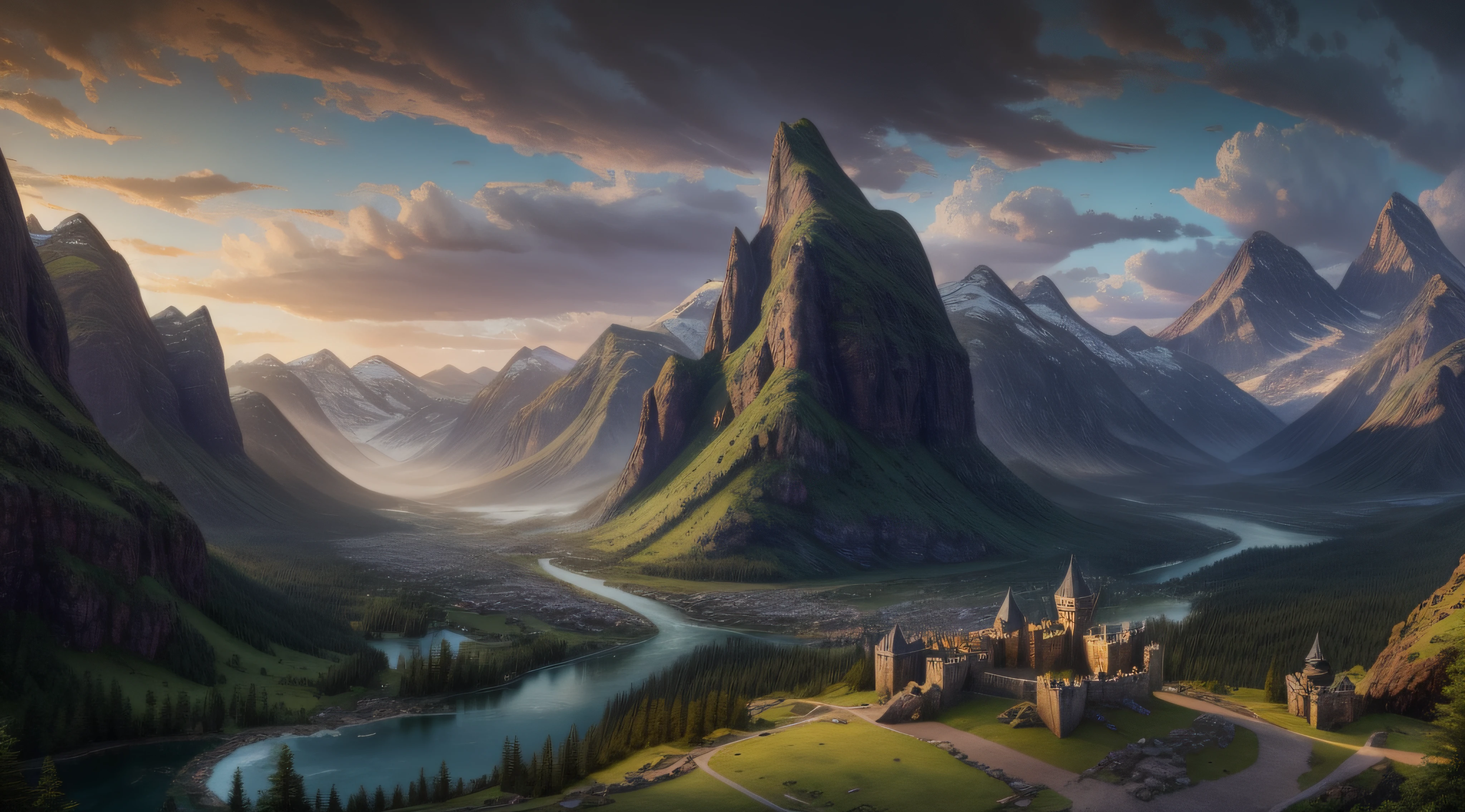 Mountains and waterfalls in the valley,There is a castle at the top, impressive fantasy landscape, Epic fantasy landscape, most epic landscape, 4k highly detailed digital art, 8k matte painting, 8 k matte painting, epic landscapes, ryan dyar, epic dreamlike fantasy landscape, 4 k matte painting, 8K fantasy art, epic landscapes, epic beautiful landscape