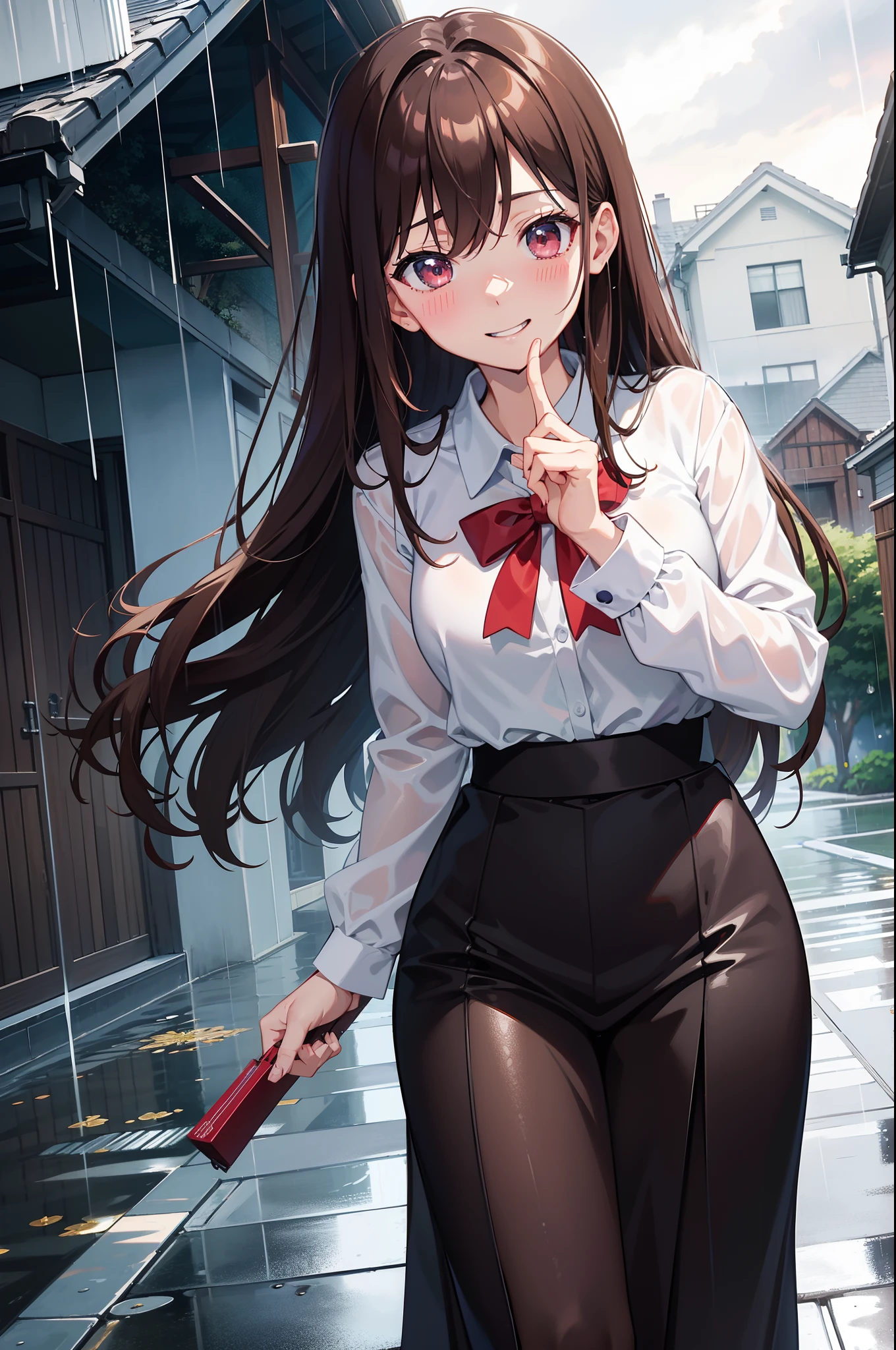 Teasing Master Takagi-san, cute idol aura, rainning and love effect, masterpieces, best quality anime 16k wallpaper, grin blushing face, body forward, camera from below, rainy background infront of house, wetted outfit, blinking pupil, long brown hair, very wet body detailed