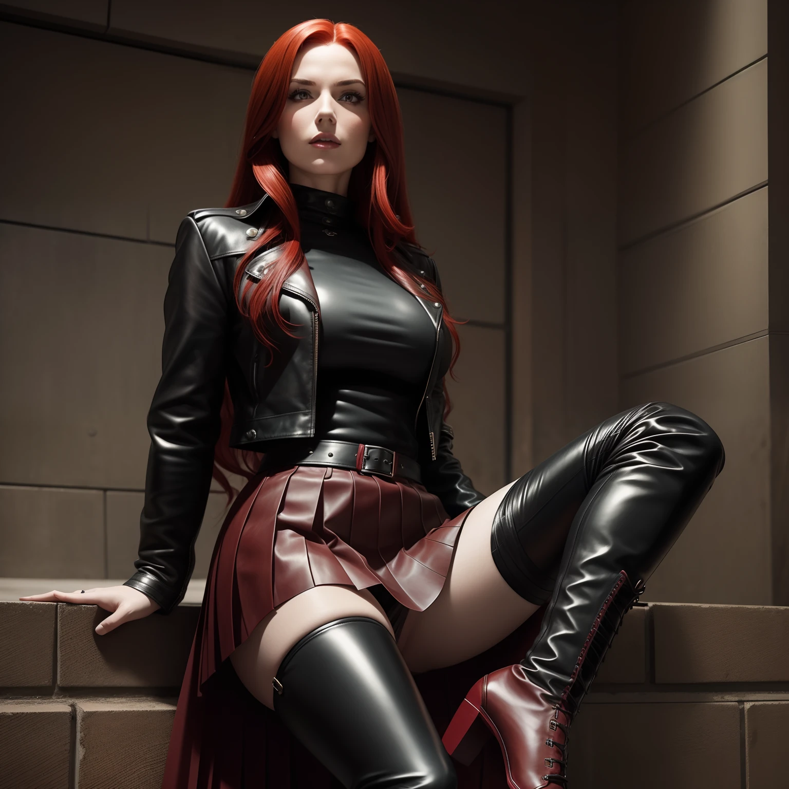 Strict and mature Dominatrix with long red hair, wears long pleated leather skirt, wears leather boots with heels, wears a leather jacket