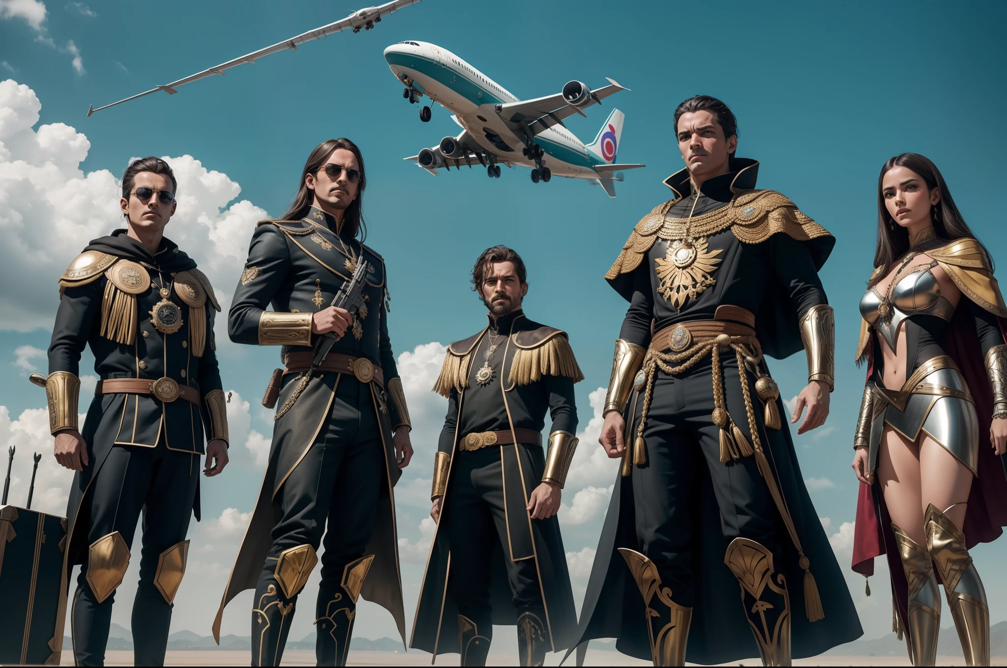 (obra maestra) (La mejor calidad) (primer plano) Four villains from a 2020 movie. Son muy bonitos y atractivos, Wearing strange looks with metallic ornaments and strange clothes. Su mirada es agresiva y desafiante. They are on an agar with an airplane in the background and large wooden boxes...., They are in the foreground with large automatic weapons.....