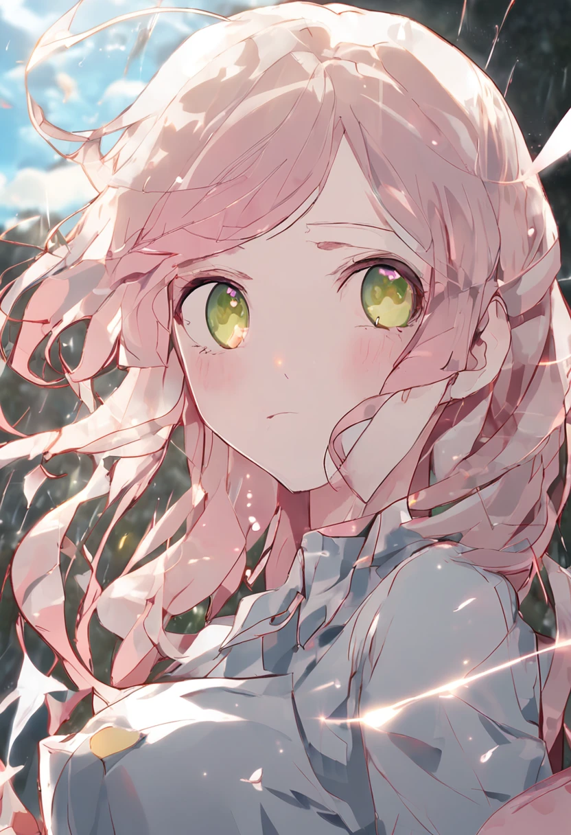 (Two-dimensional animation style: 1.4), (Japanese animation: 1.9), HD, (golden lighting: 1, 4), white skin, full picture bright, horn, (clear eyes), white sunlight, hair glowing (((falling rain: 1.2), sunlight, sun, waves, (water surface), close up, magnifying eyes, glowing eyes, long pink hair, clear eyes, eyes close-up, eye close-up, prayer, looking at the girl from the side, side, holy light, (transparent clothes), underwater, bubbles, (water divergence), (air divergence), serious 😠, eyes open, eyes closed zero two \ (dear in Franks), dear in Franks, 1 girl, bangs, bite, shadow, green eyes