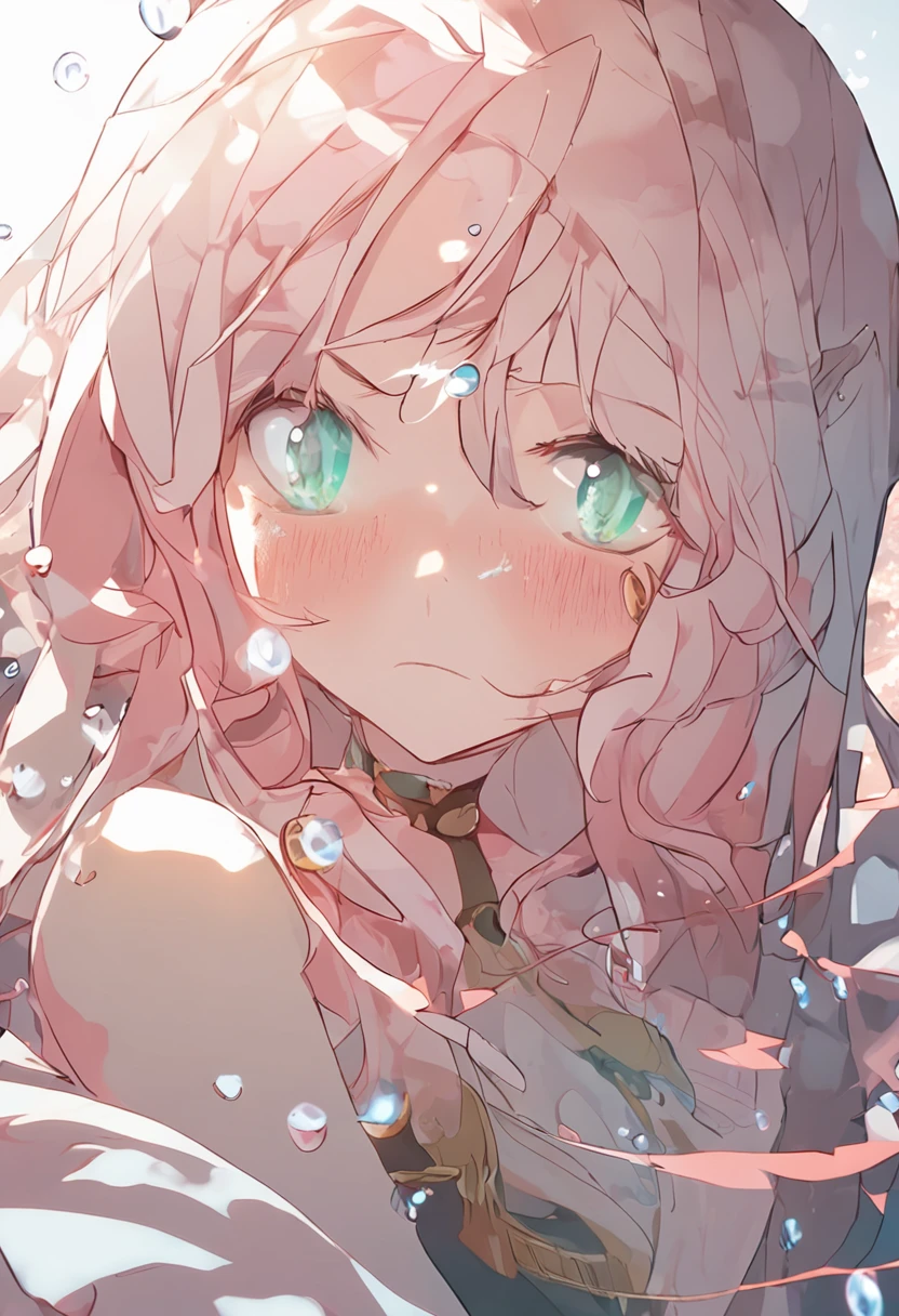 (Two-dimensional animation style: 1.4), (Japanese animation: 1.9), HD, (golden lighting: 1, 4), white skin, full picture bright, horn, (clear eyes), white sunlight, hair glowing (((falling rain: 1.2), sunlight, sun, waves, (water surface), close up, magnifying eyes, glowing eyes, long pink hair, clear eyes, eyes close-up, eye close-up, prayer, looking at the girl from the side, side, holy light, (transparent clothes), underwater, bubbles, (water divergence), (air divergence), serious 😠, eyes open, eyes closed zero two \ (dear in Franks), dear in Franks, 1 girl, bangs, bite, shadow, green eyes