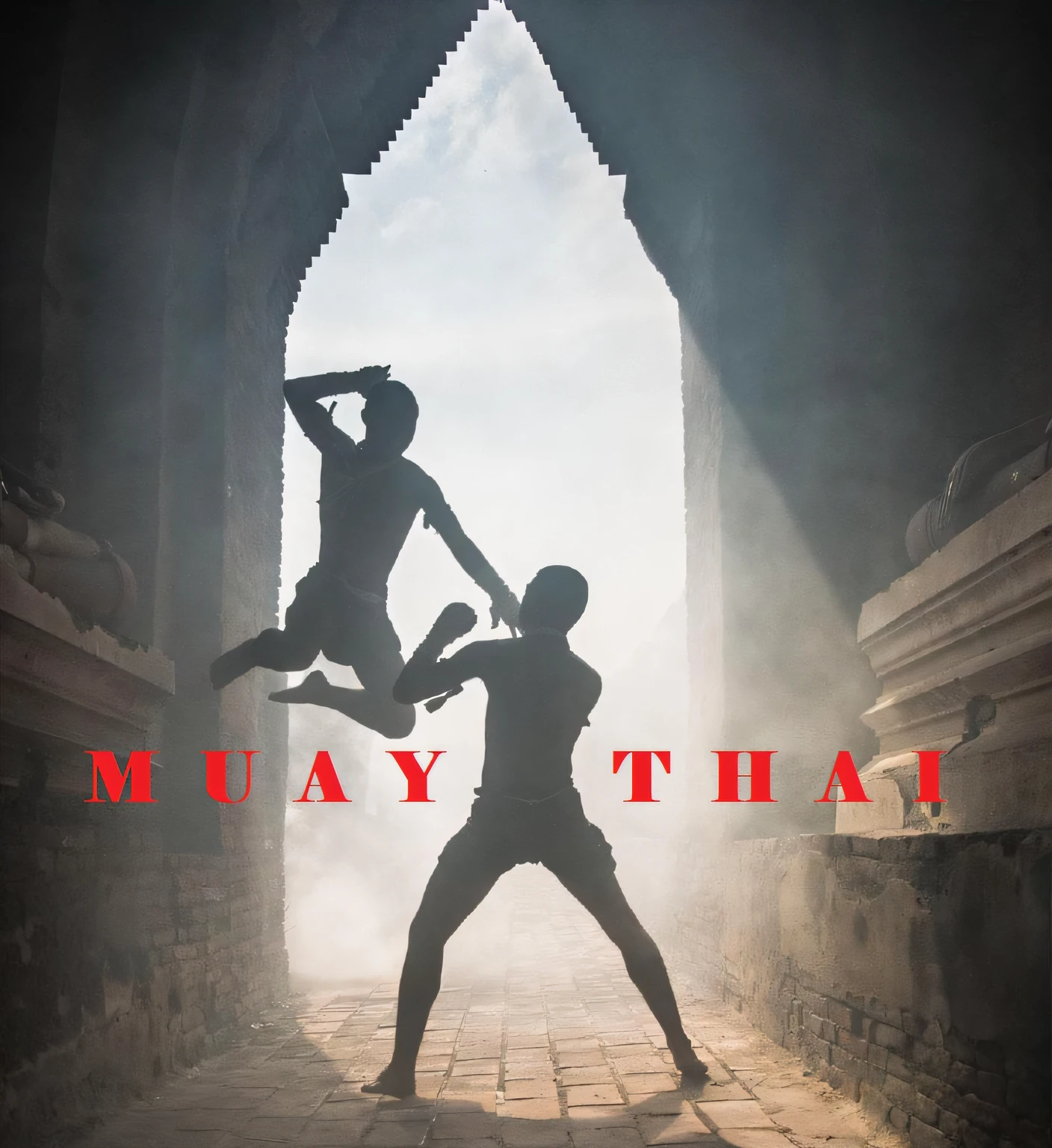 There are two men fighting in a dark alley with a light, Pose de postura heroica de Muay Thai