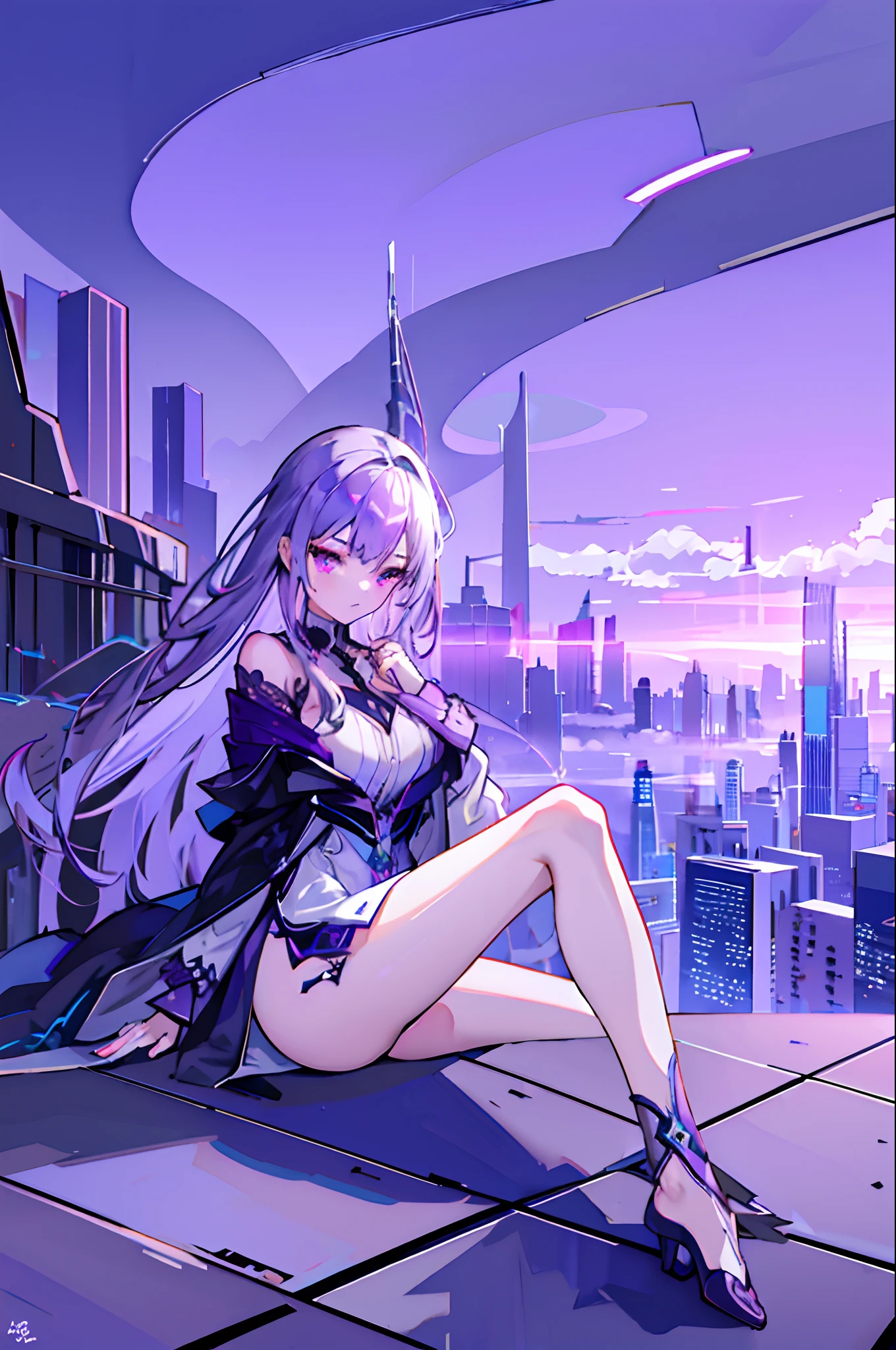 Top image quality、Girl sitting on the ground、Silver to purple gradient hair、nigh sky、Into the cloud、City of intricate glass structures、Blue glowing ground、Countless cities far away