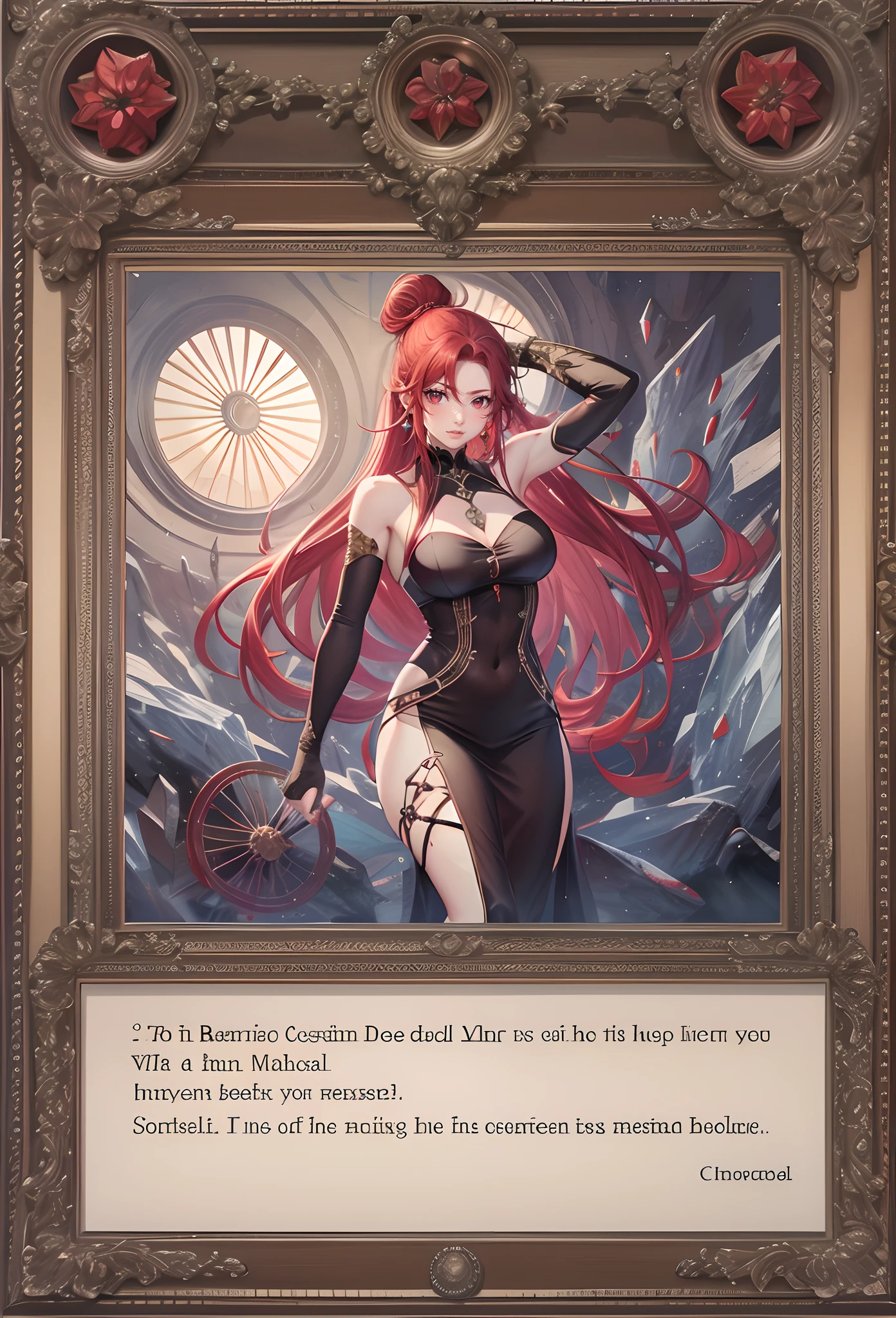 Drawn as a raw graphic,Red-haired mature female,hair-bun,The crystal frame is broken