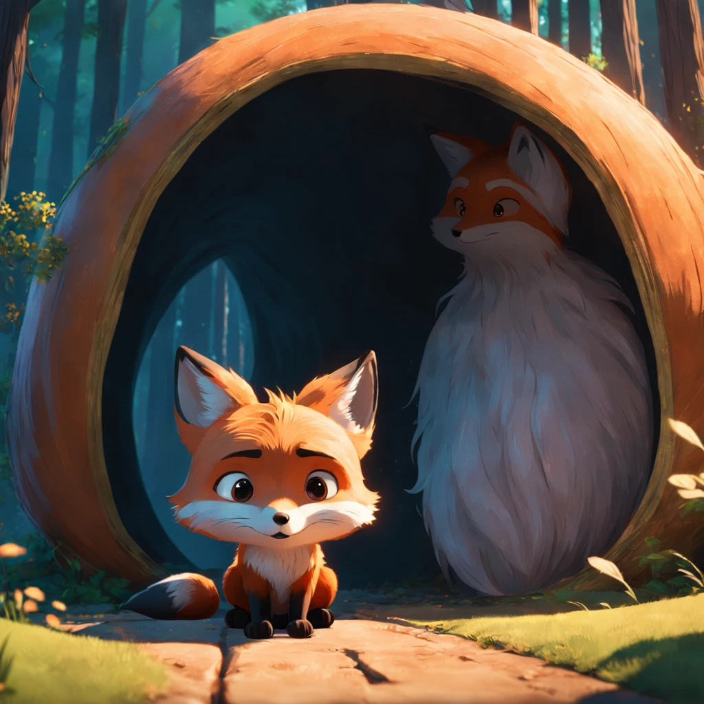 Adorable fox in Pixar movie style, usando um capuz, cinematic lighthing, Depth detection, hiper detalhada, qualidade 8k.