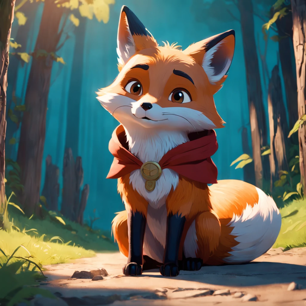 Adorable fox in Pixar movie style, usando um capuz, cinematic lighthing, Depth detection, hiper detalhada, qualidade 8k.
