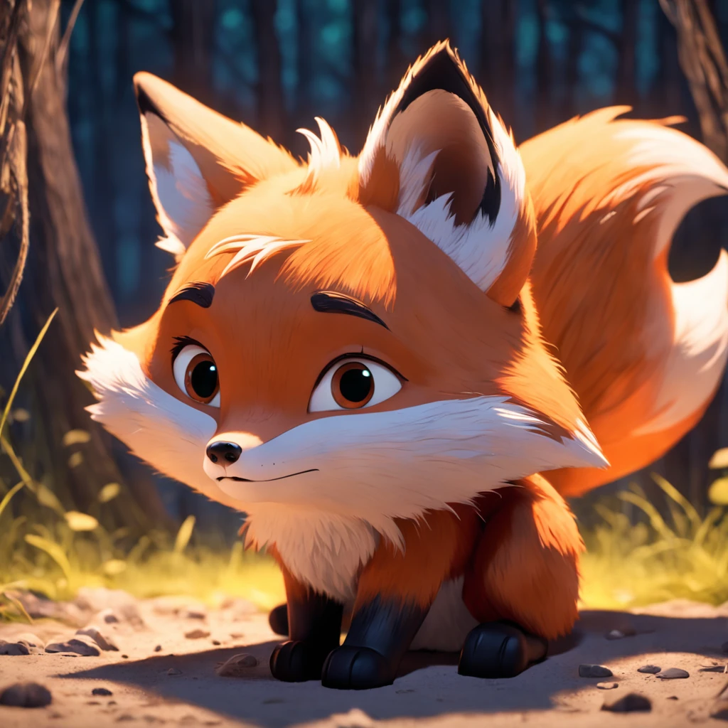 Adorable fox in Pixar movie style, usando um capuz, cinematic lighthing, Depth detection, hiper detalhada, qualidade 8k.