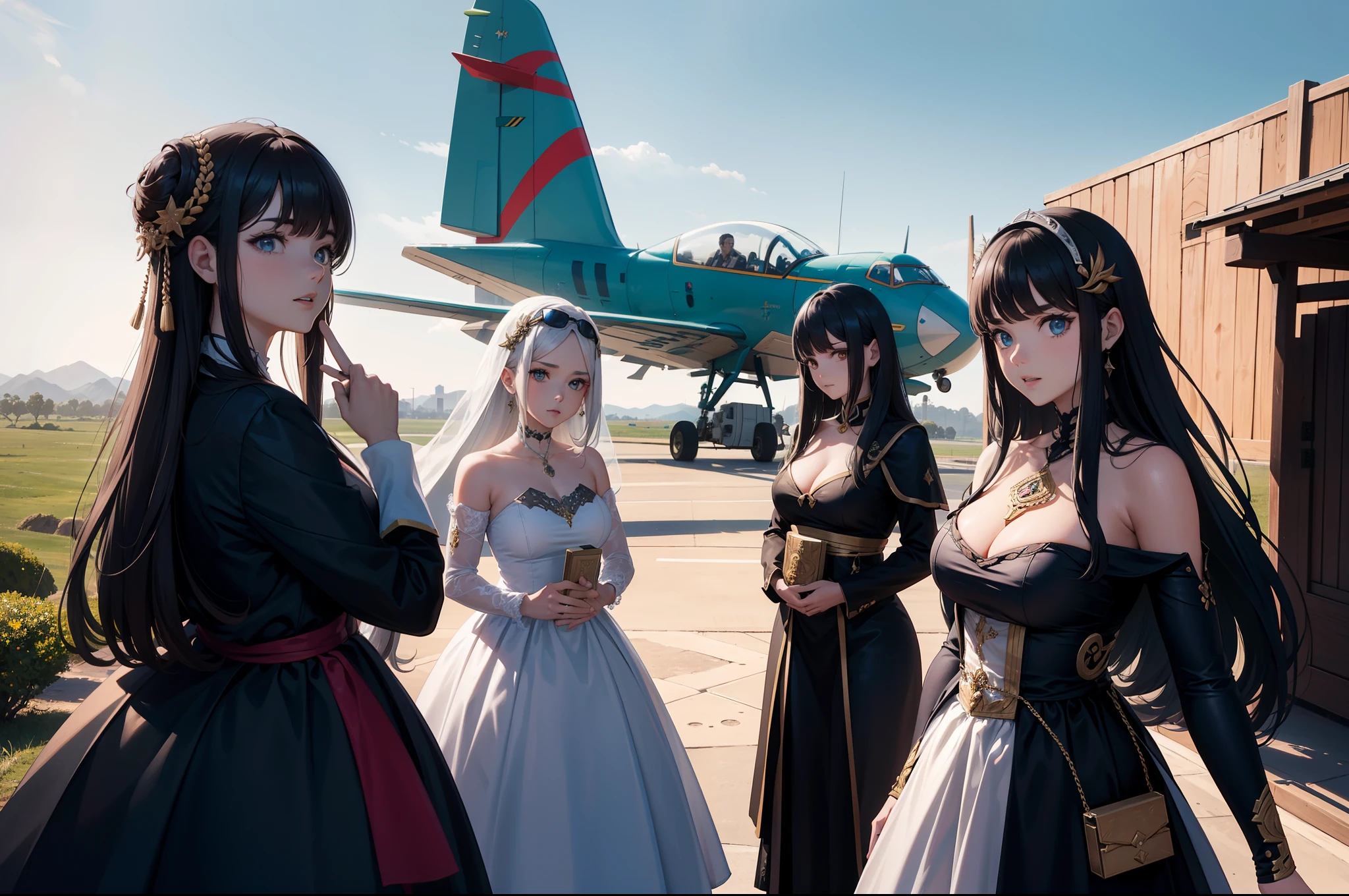 (obra maestra) (La mejor calidad) (primer plano) Four villains from a 2020 movie. Son muy bonitos y atractivos, Wearing strange looks with metallic ornaments and strange clothes. Su mirada es agresiva y desafiante. They are on an agar with an airplane in the background and large wooden boxes...., They are in the foreground with large automatic weapons.....