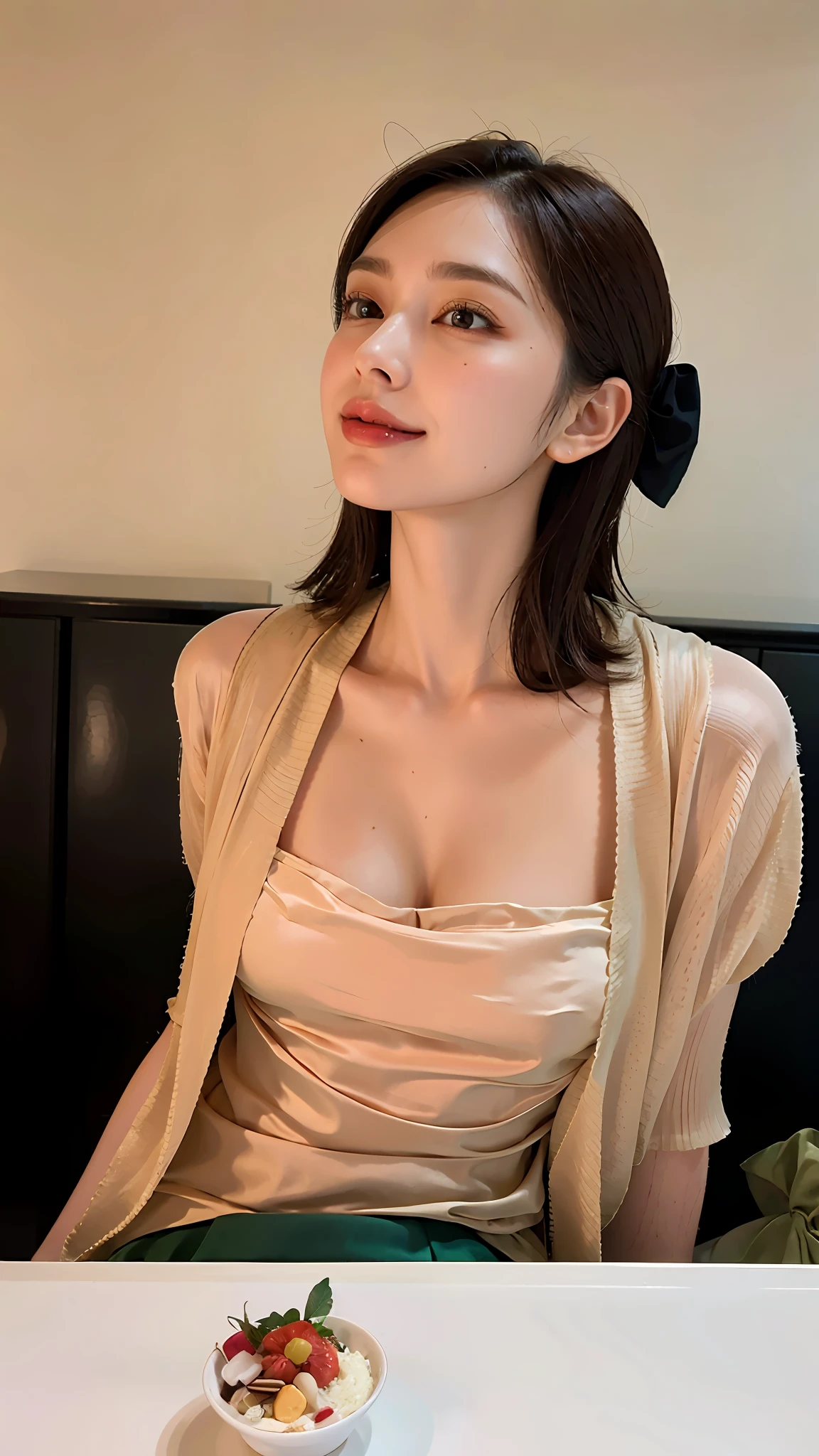 (((Medium hair))), best qualtiy, 8K, hdr, A high resolution, absurderes:1.2, blur backgroun, Background bokeh:1.2, photography of, (RAW photo:1.2), (真实感:1.4), (Masterpiece:1.3), (complexdetails:1.2), 1girll, 独奏, japanaese girl, delicated, Beautiful detailed, (Delicate double eyelids), (Detailed facial features), Bigboobs, (((Large breasts))), Skin Firm, (Looking_at_peeping at the viewer), From_Front, (being thin),(best qualtiy:1.4),(超A high resolution:1.2),cinematic lighitnglamplight,(Extremely detailed illustration),(Gloss on lips,best qualtiy,超A high resolution,depth of fields,Caustics,Extensive illumination,naturalshadow,85mm, f/1.4, iso 200, 1/160s:0.75),1girll, Solo, (((Silk vest))) Smile, ((silk garment,pleatedskirt,Classroom))