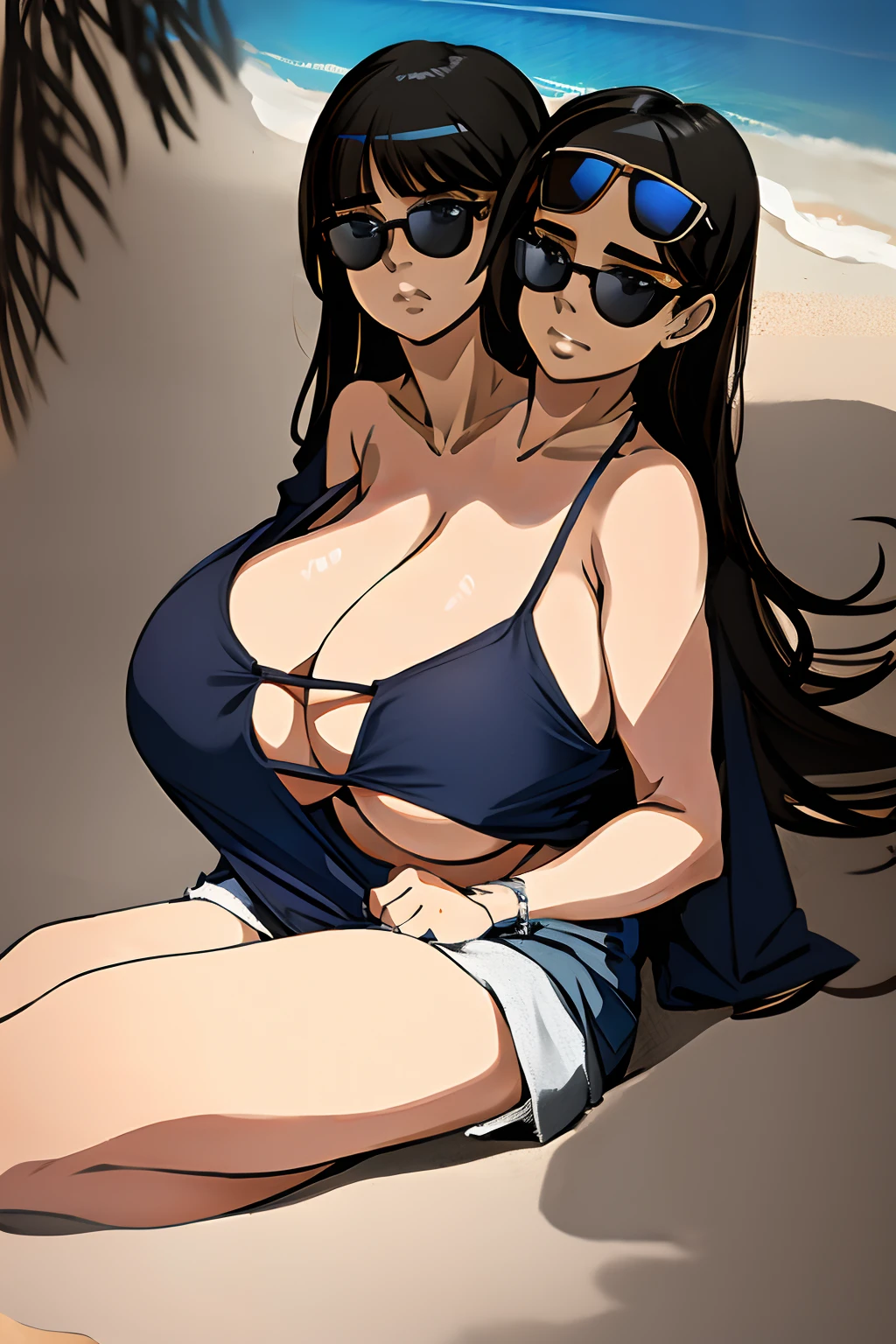 2heads, a short fat woman with 2 heads. She has enormous fat breasts. She is relaxing on the beach. She is wearing a bikini top and jean shorts. She has long hair. She is wearing sunglasses. She is wearing black lipstick. She has massive fat breasts. She is laying on a beach towel. She is relaxed. She looks mature. She is extremely short. She is very fat. She has gigantic fat breasts. She is laying on her back. She is sleeping. She has two legs with thick thighs. She has massive fat boobs.