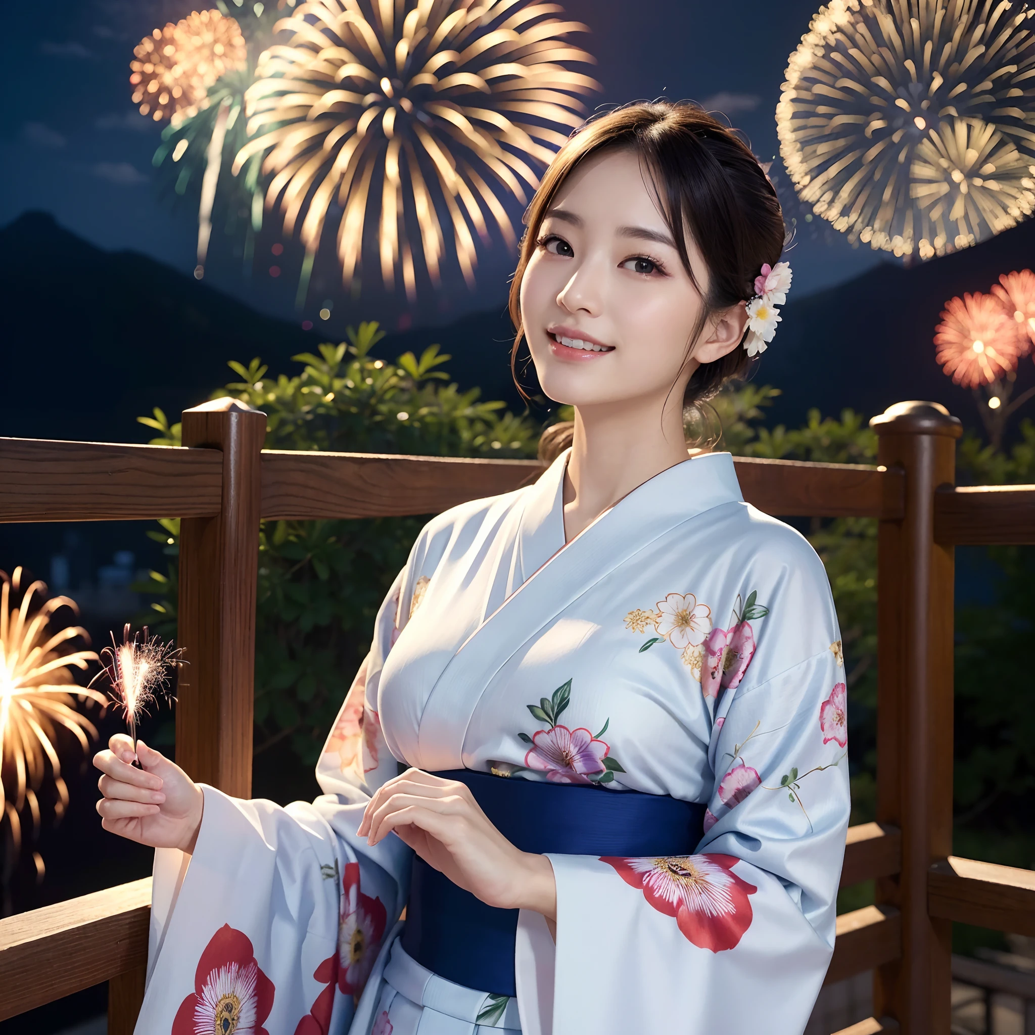 (in 8K、RAW Photos、top-quality、​masterpiece:1.2)、(realisitic、Photorealsitic:1.37)、ultra-detailliert、超A high resolution、lighting like a movie、(((Beautiful Japan woman looking up at fireworks)))、A smile、woman wearing the kimono、classy yukata clothing、Wearing a colorful yukata、Wearing a kimono、japanese kimono、wearing a haori、Yukata with morning glory pattern、Have a fan、dynamic ungle、动态照明