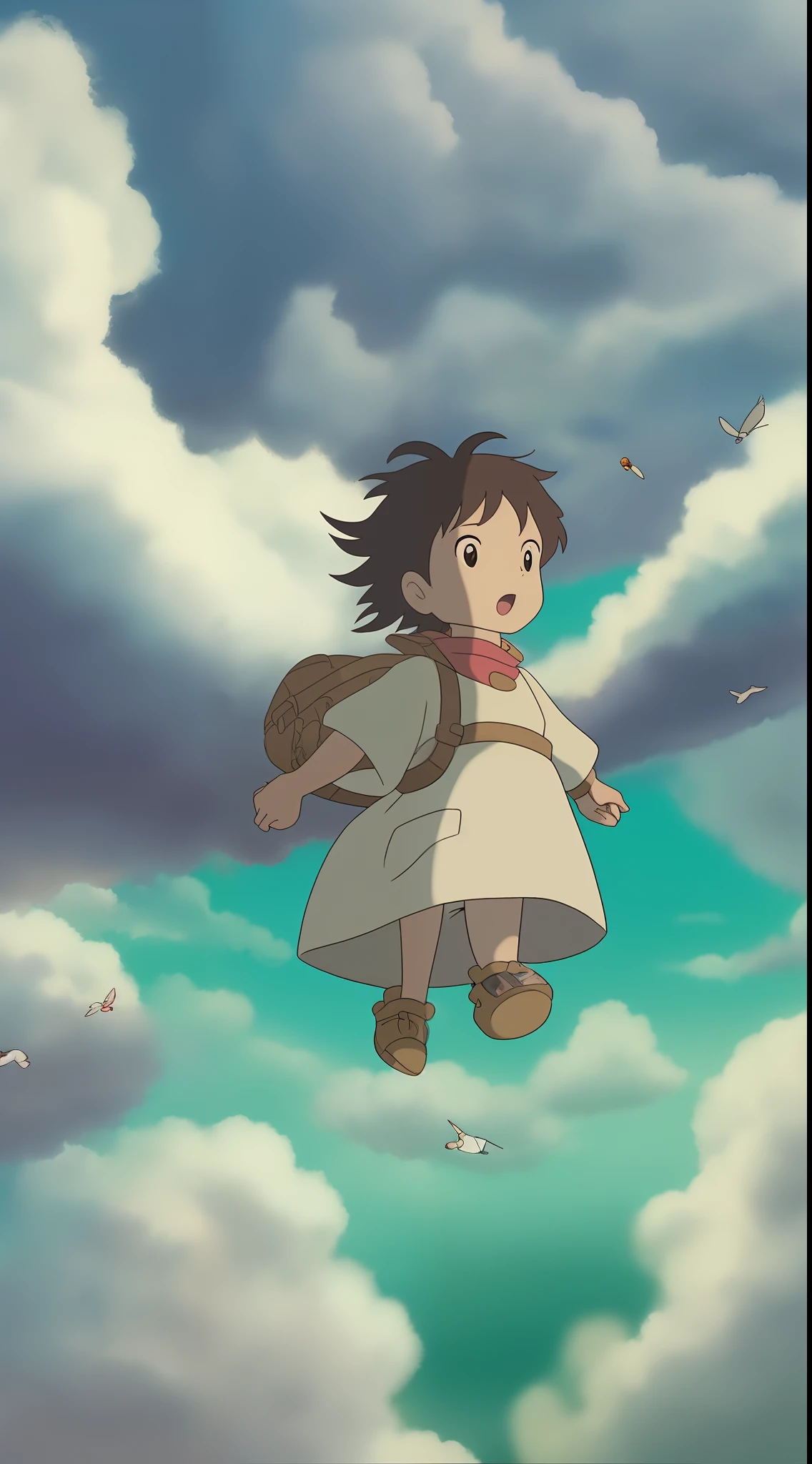 Create a character flying in a world of vast clouds and skies, como nos filmes do Studio Ghibli