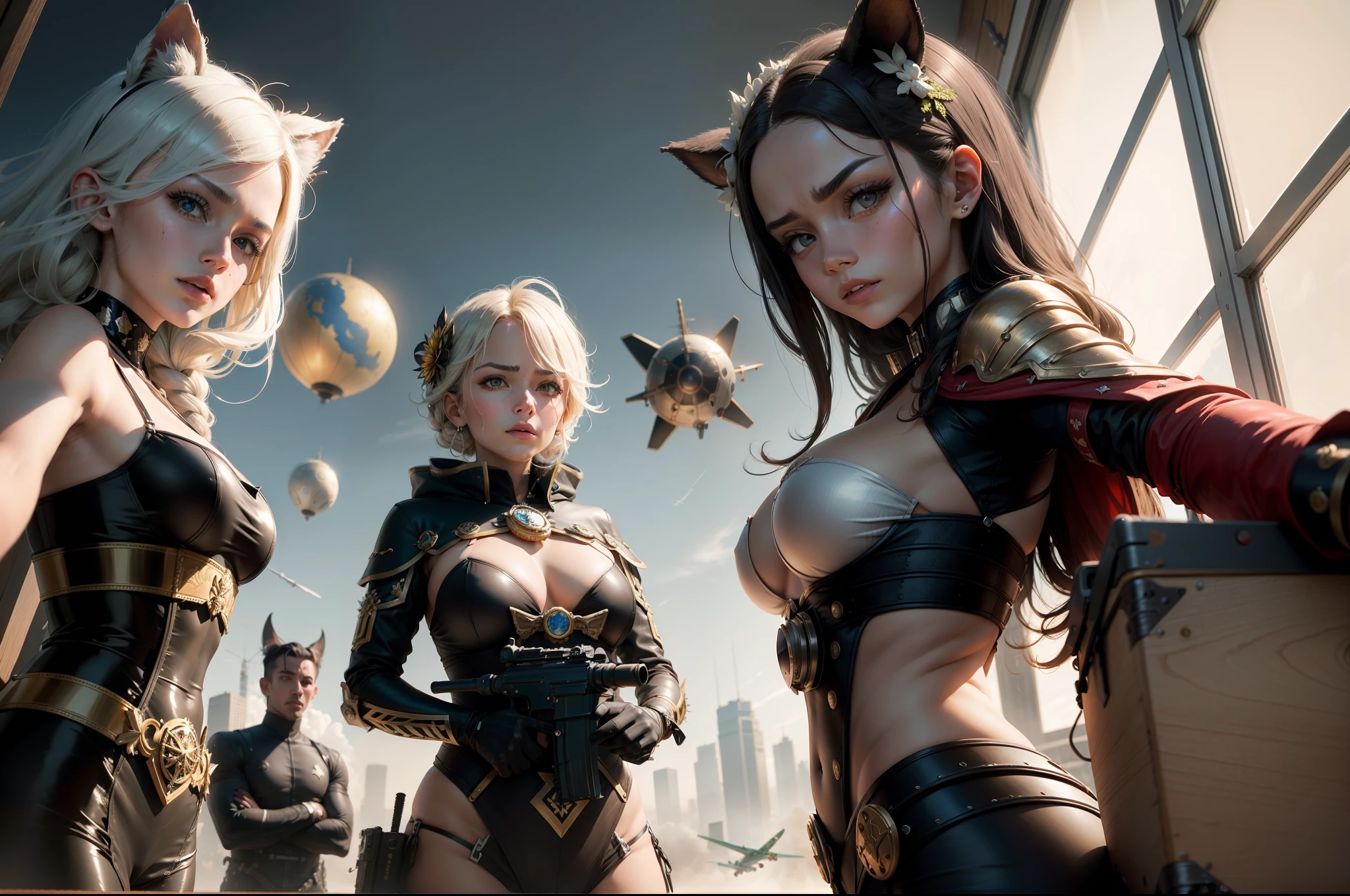 (obra maestra) (La mejor calidad) (selfie) Four villains from a 2020 movie. Son muy bonitos y atractivos, Wearing strange looks with metallic ornaments and strange clothes. Su mirada es agresiva y desafiante. They are on an agar with an airplane in the background and large wooden boxes....., They are in the foreground with large automatic weapons......