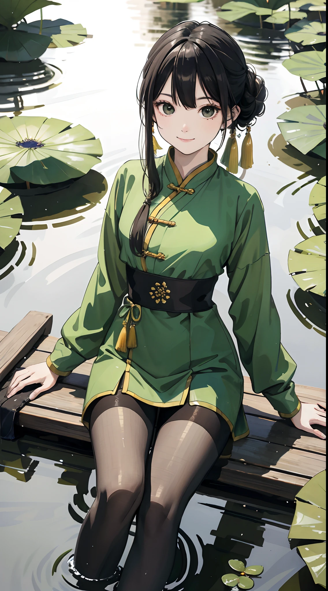 hoang lap,8k wallpaper, A high resolution,ultra - detailed,(1girll:1.3),handpainted,Simple lines,-yeld giwearing green Chinese outfit with black pantyhose,beuaty girl,In the lotus pond,tmasterpiece,Sit on a plank floating in the water,Floating hair,looking toward the viewer,ssmile,posed for photo,