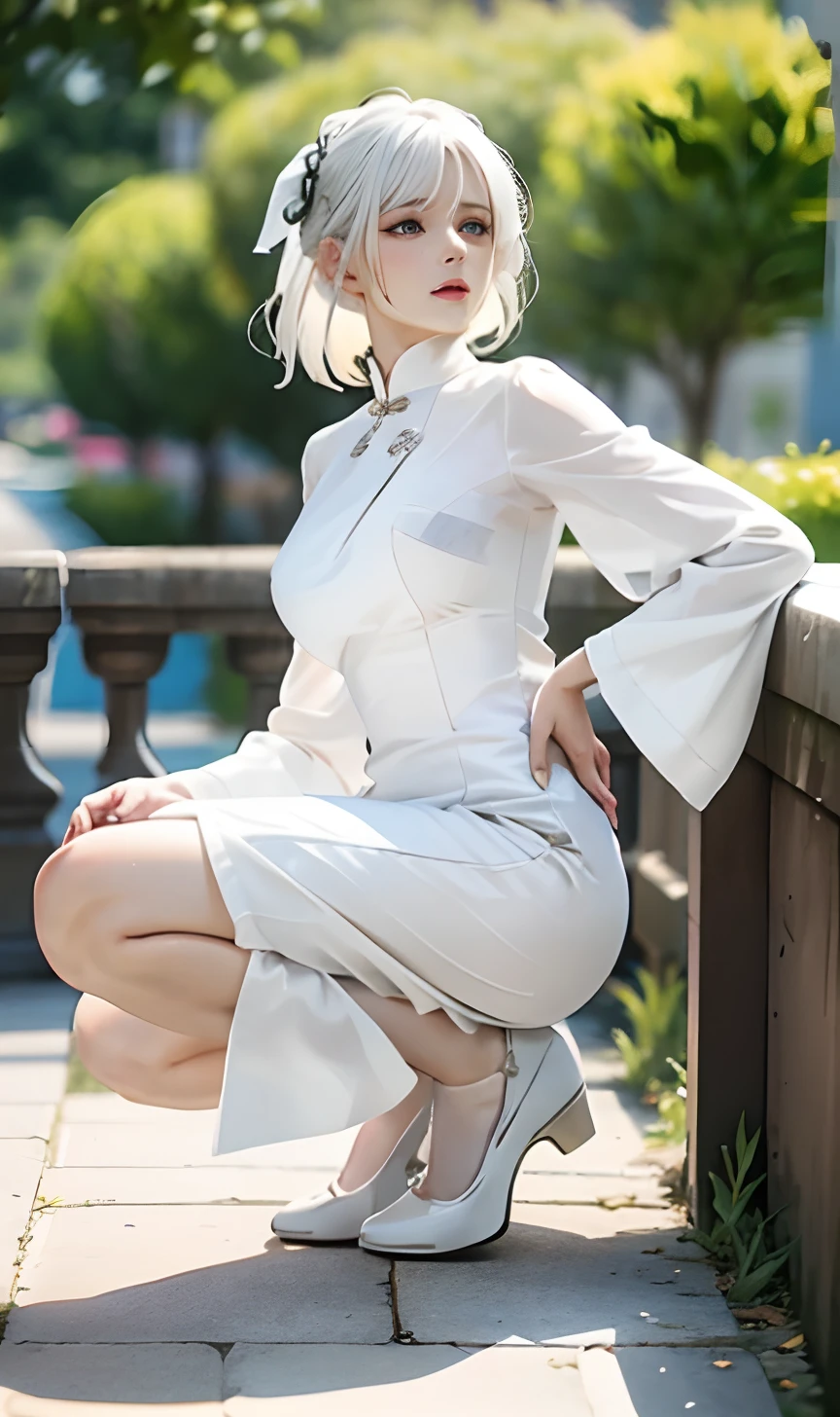 Close-up of a woman with white hair，（period costume），white dresses，（（High heels in the city）），（full bodyesbian），（（（sitted））），8K quality