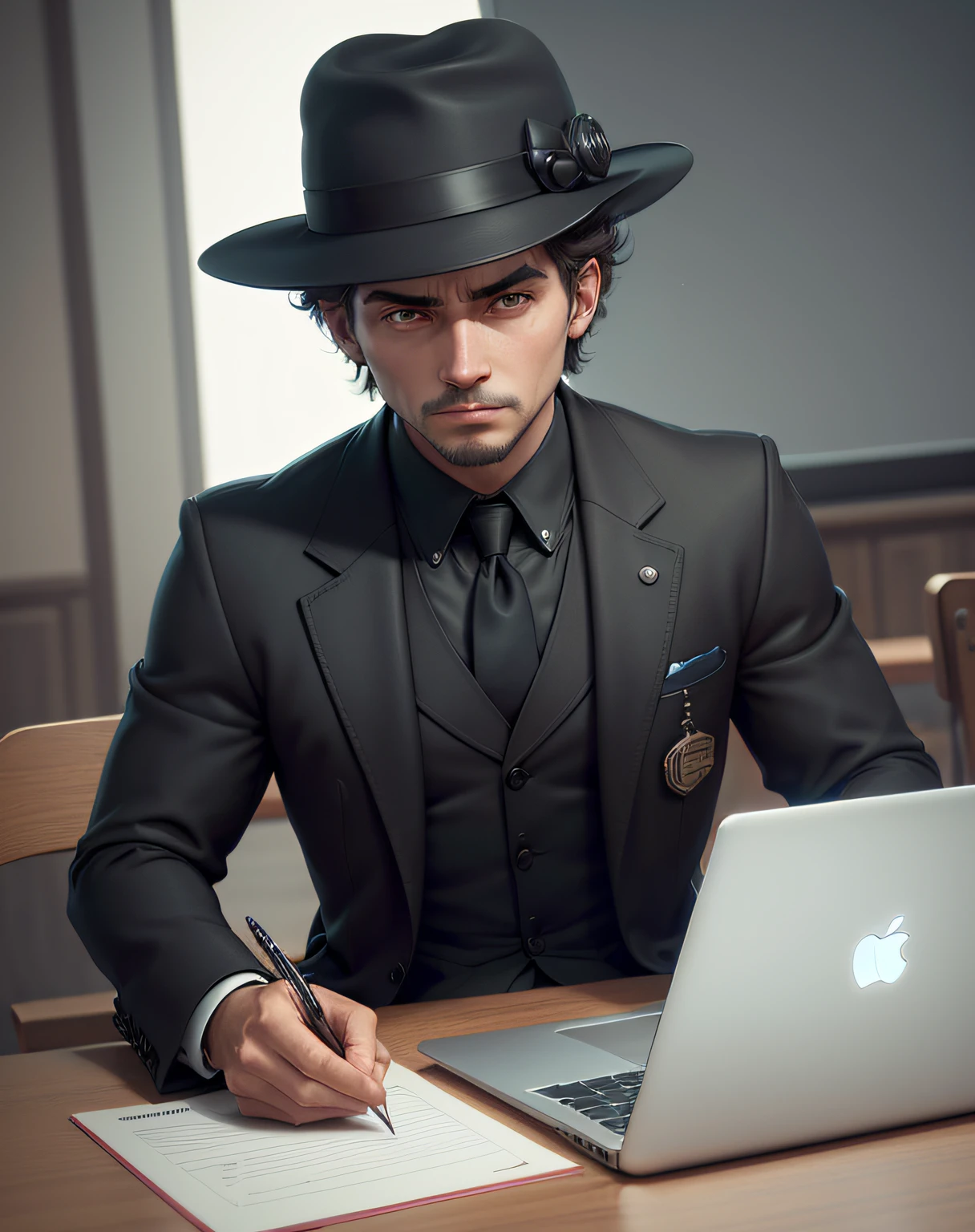 um homem jovem, agente secreto, performs research service, wearing black overcoat with secret agent hat, mexendo em um notebook, the laptop screen contains a WhatsApp conversation, The screen is facing toward the customer on the other side of the table. Ultra realista, 8k.